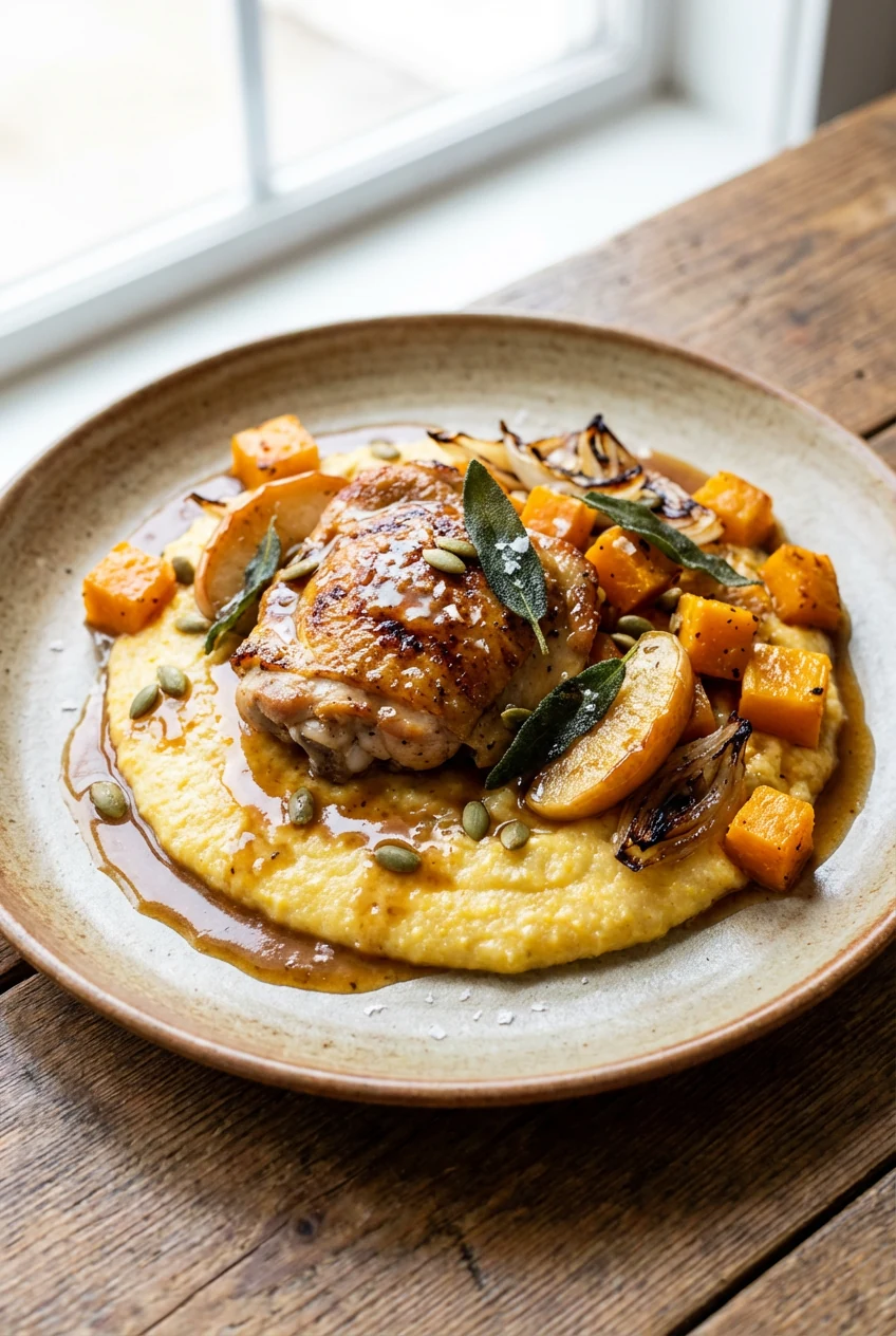 Final plated presentation: chicken thigh over creamy polenta with roasted butternut squash, apples, and onions; spooned