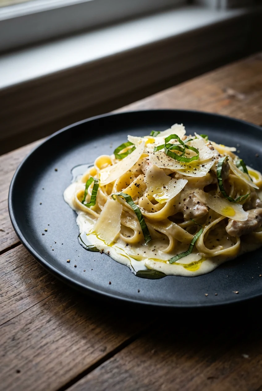 Beautifully plated Chicken Fettuccine finished in-sauce—restaurant-level glossy coat, shaved Parmesan, basil ribbons, fi