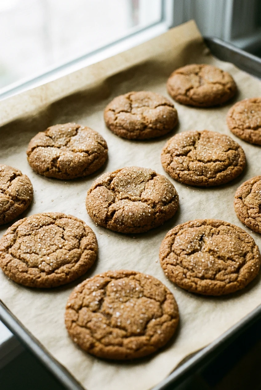 Three‑quarter angle of spiced ginger snaps on a parchment‑lined baking sheet: tops crinkled and sparkling with coarse su