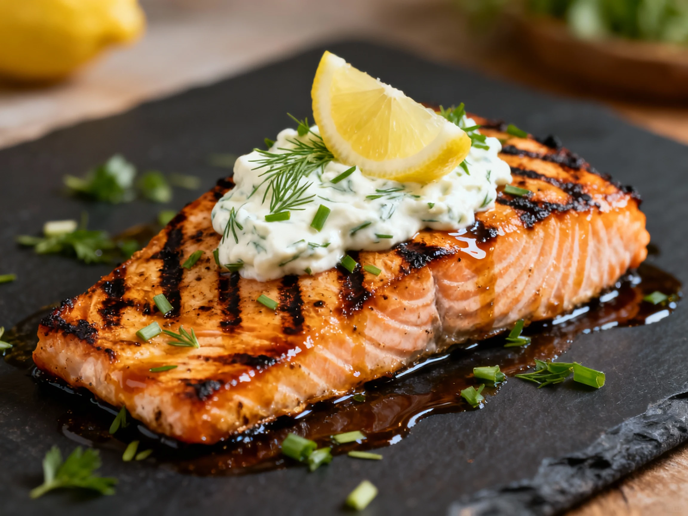 Food photography, Grilled salmon with smoky char and distinct grill marks, topped with cool lemon–dill cream and a fresh