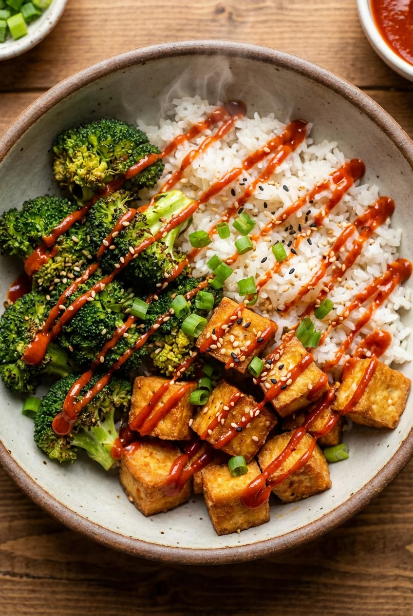 Tasty top view: Overhead rice bowl with roasted broccoli and crispy tofu draped in sesame–gochujang drizzle; red-orange 