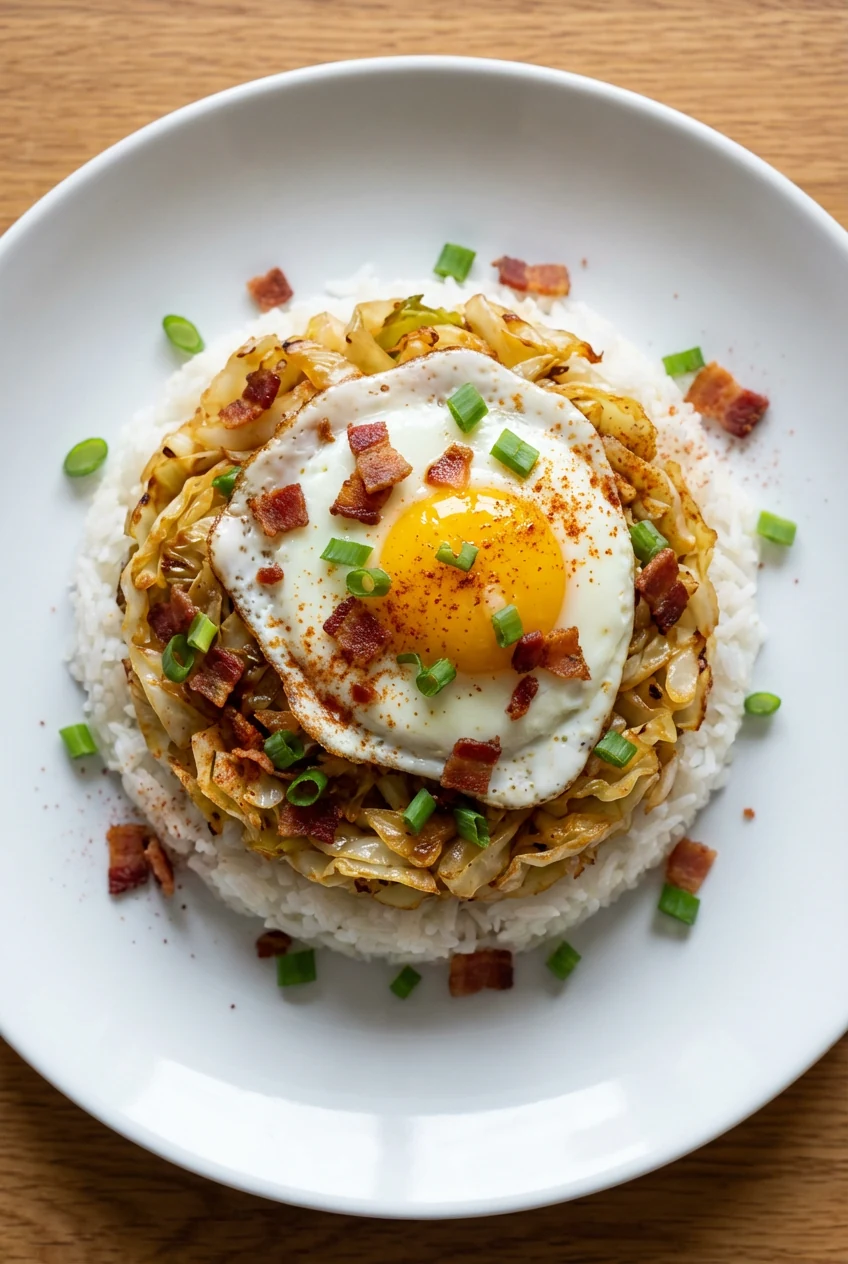 Overhead top view: fried cabbage piled over steamed rice with a runny fried egg on top, crisp bacon bits, scallions, and
