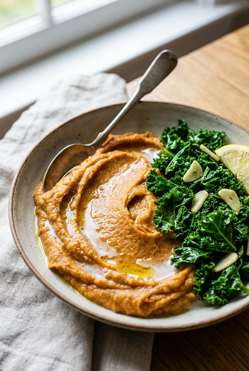 Close-up of sweet potato mash (coconut milk, olive oil sheen) with spoon-swoop texture; bright tender kale beside with g