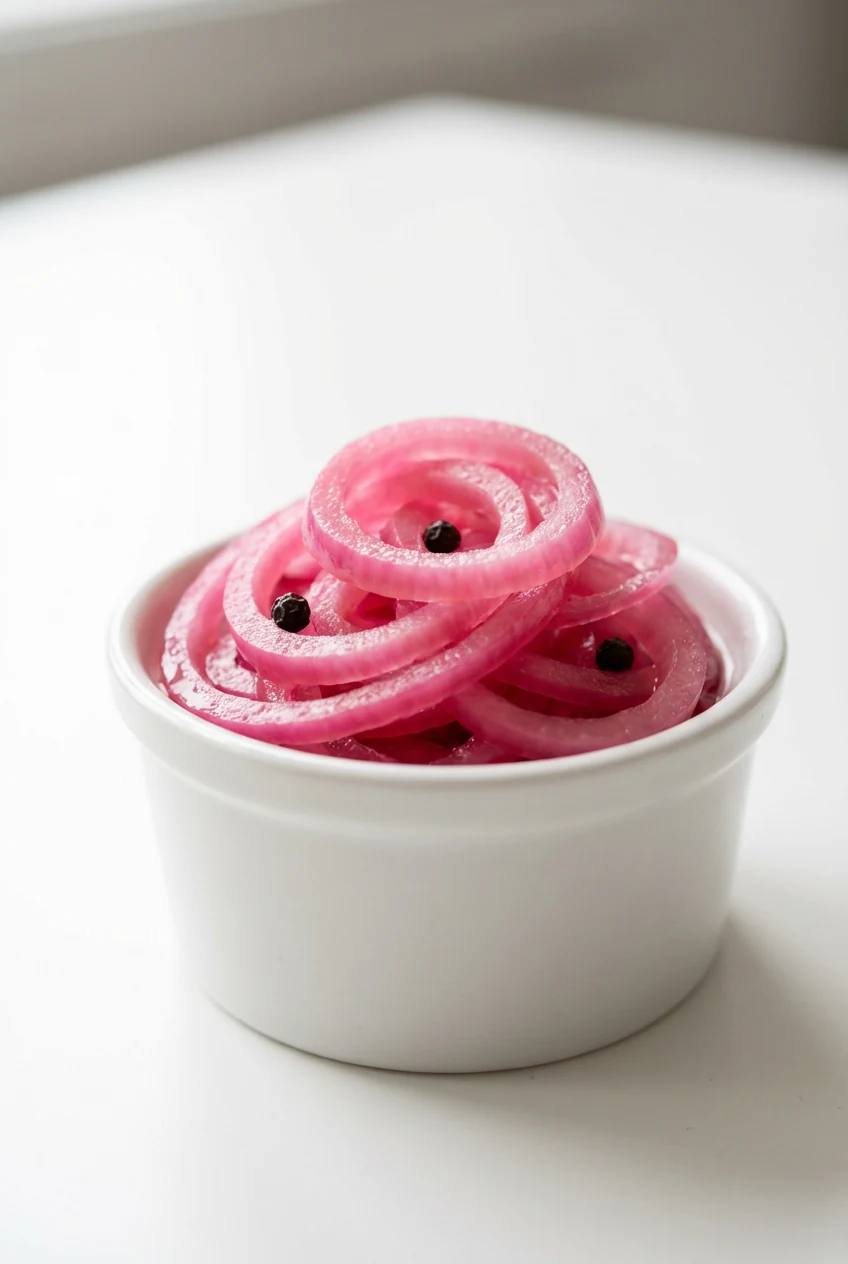 Final presentation: neon-pink pickled red onions mounded in a small white ramekin with a few peppercorns in the brine; t