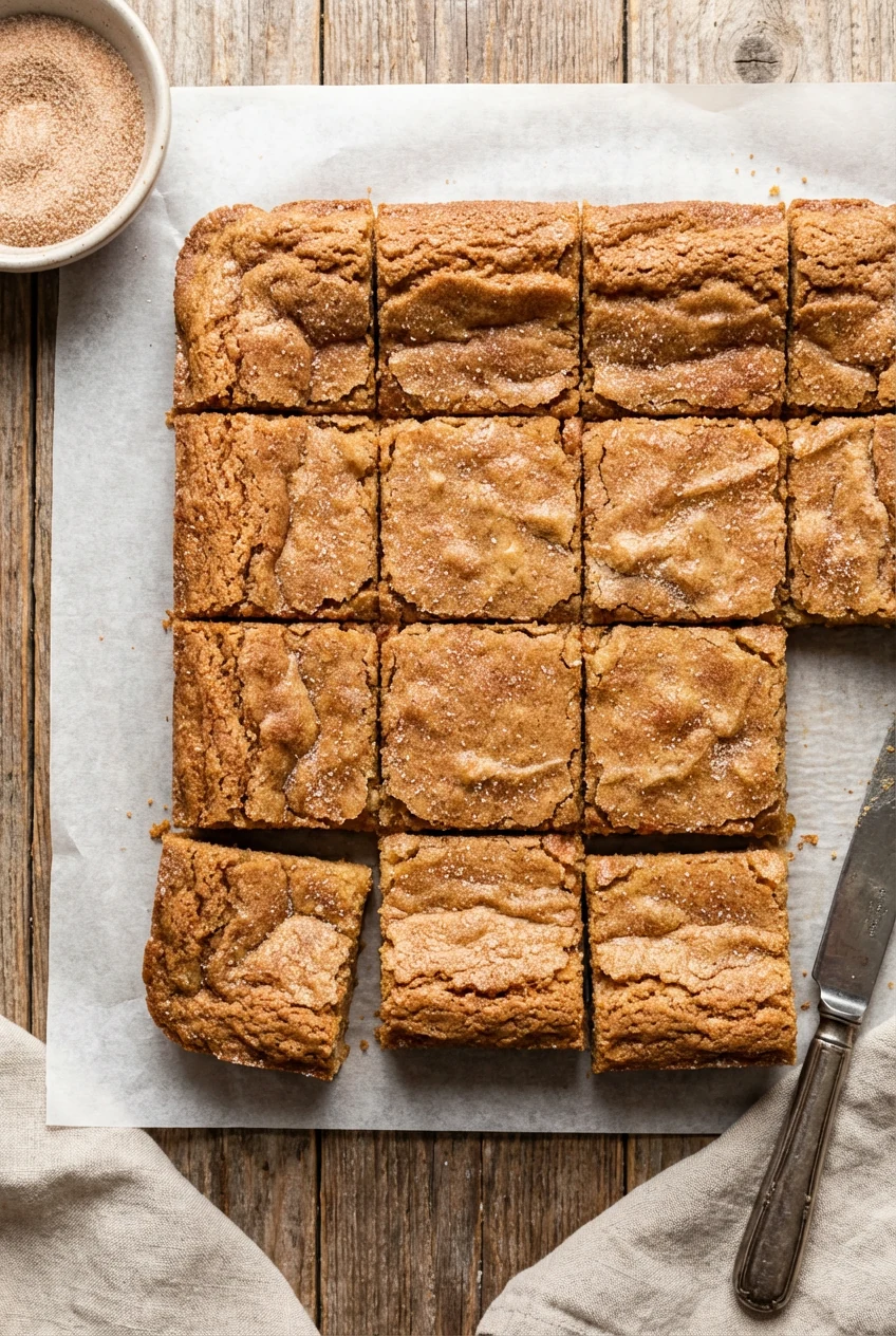 Top-down shot of Snickerdoodle Blondies variation, slab cooled and cut into clean squares on parchment with overhang, ci