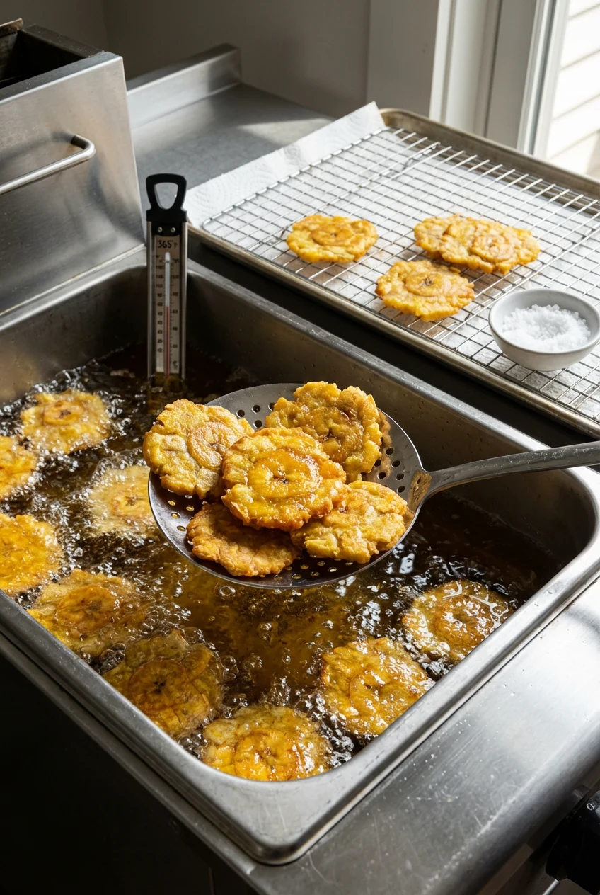 Cooking process: slotted spoon lifting golden tostones from 350–375°F oil in the second fry, active bubbles and glisteni