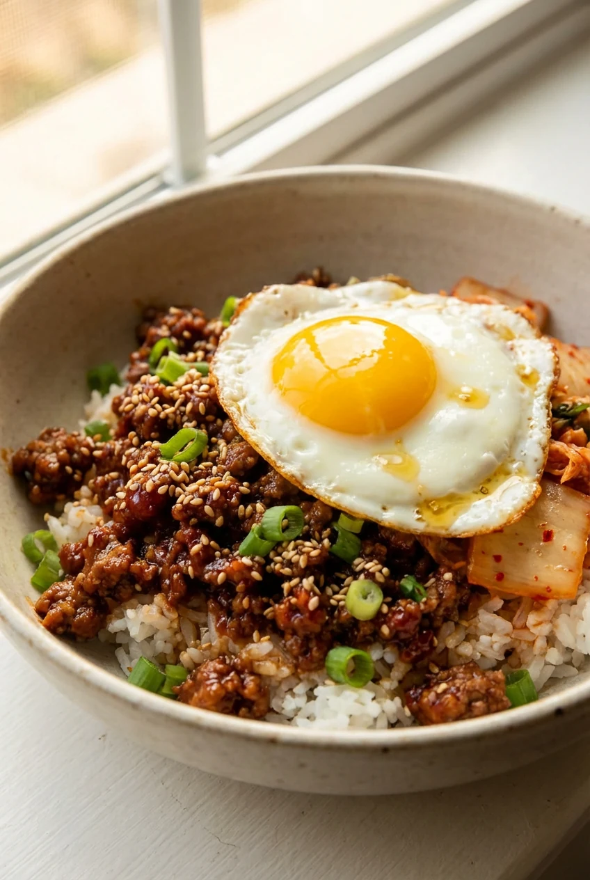 Close-up bowl: Korean-inspired rice bowl with gochujang-glazed ground meat, toasted sesame seeds, scallions, kimchi, and