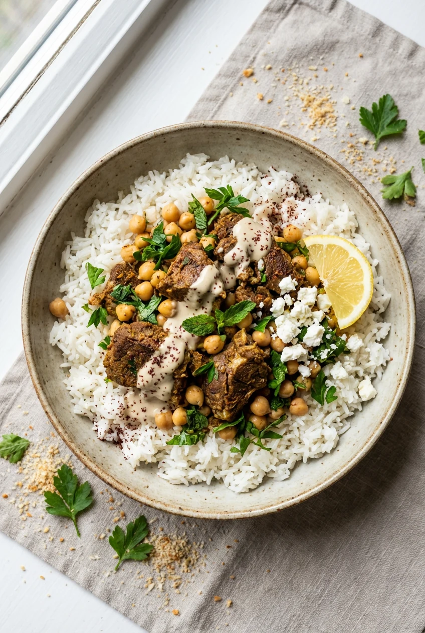 Top-down shot of a bowl of fluffy rice piled with lemon- and herb-finished spiced lamb and chickpeas, tahini drizzle and