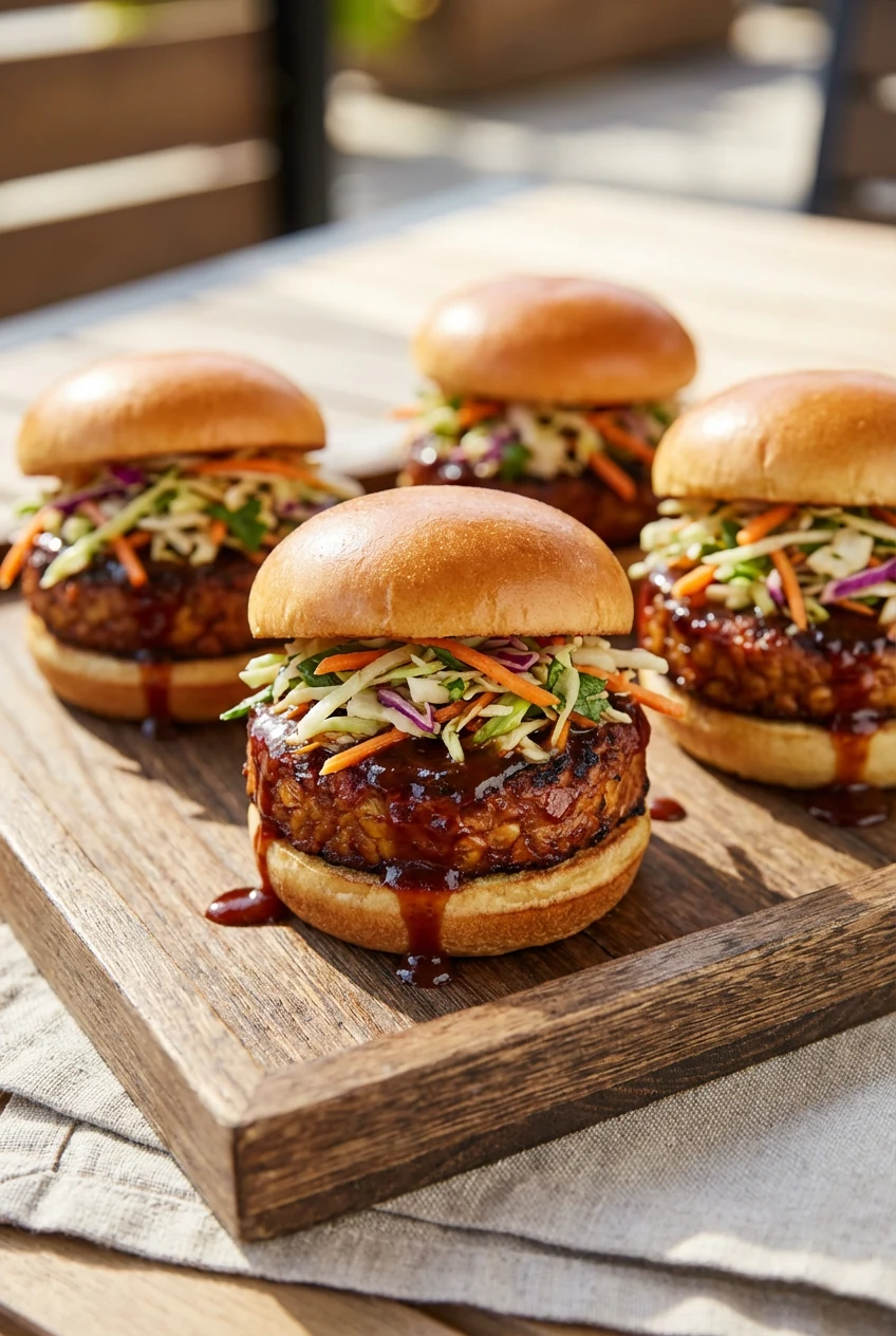 Three-quarter angle close-up of smoky BBQ tempeh sliders: seared, lacquered tempeh in mini buns with crunchy slaw, a few
