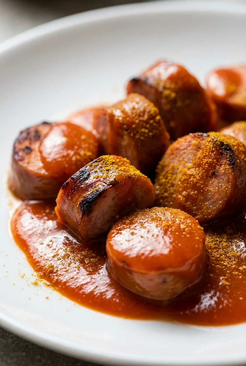 4. Macro close-up of currywurst: sliced brat coins with deep sear edges smothered in warm ketchup-curry sauce, glossy an
