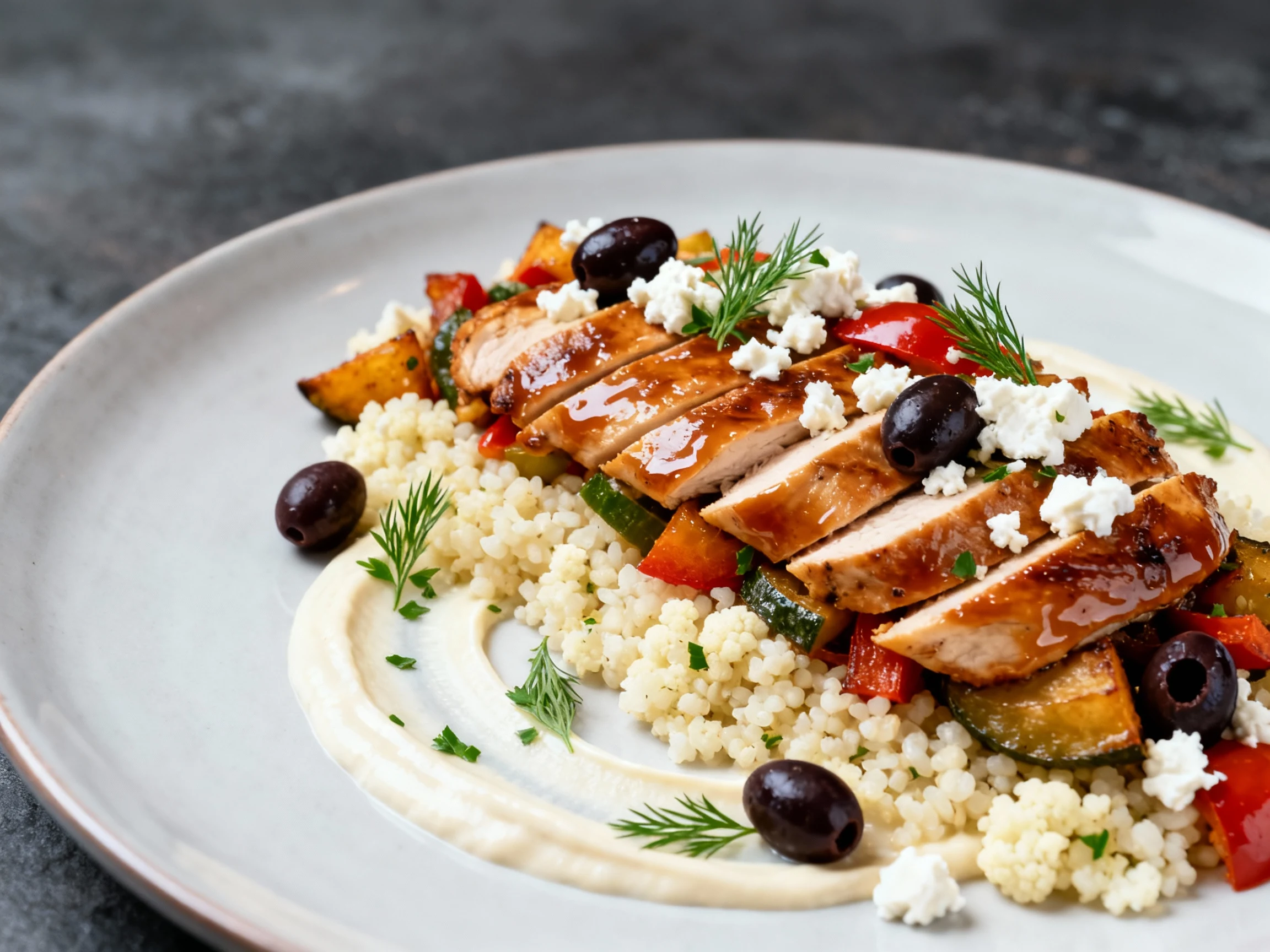 Food photography, Greek Chicken + Feta upgrade: plated cauliflower rice with glossy chicken slices, roasted veg, feta cr