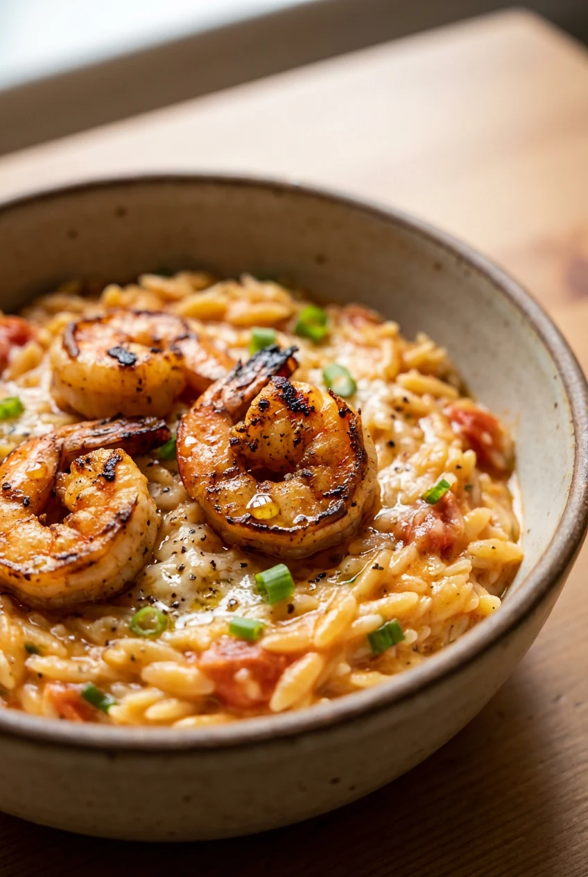 Close-up detail of Cajun Shrimp Orzo: seared shrimp nestled into creamy orzo tinted with crushed tomatoes, specks of sca