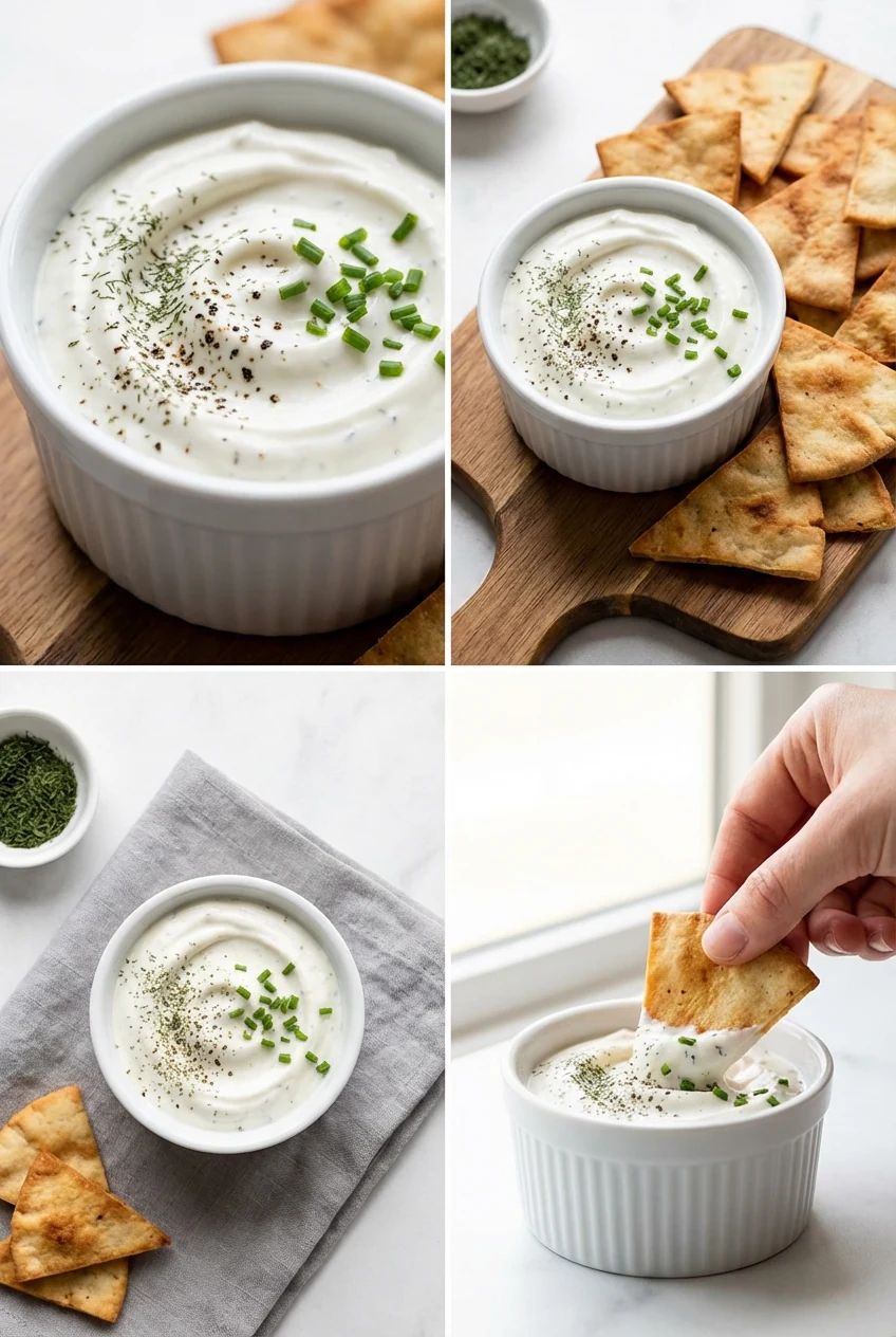 4. Final dish: Creamy ranch-style Greek yogurt dip in a small white ramekin with a neat swirl, topped with dried dill, c