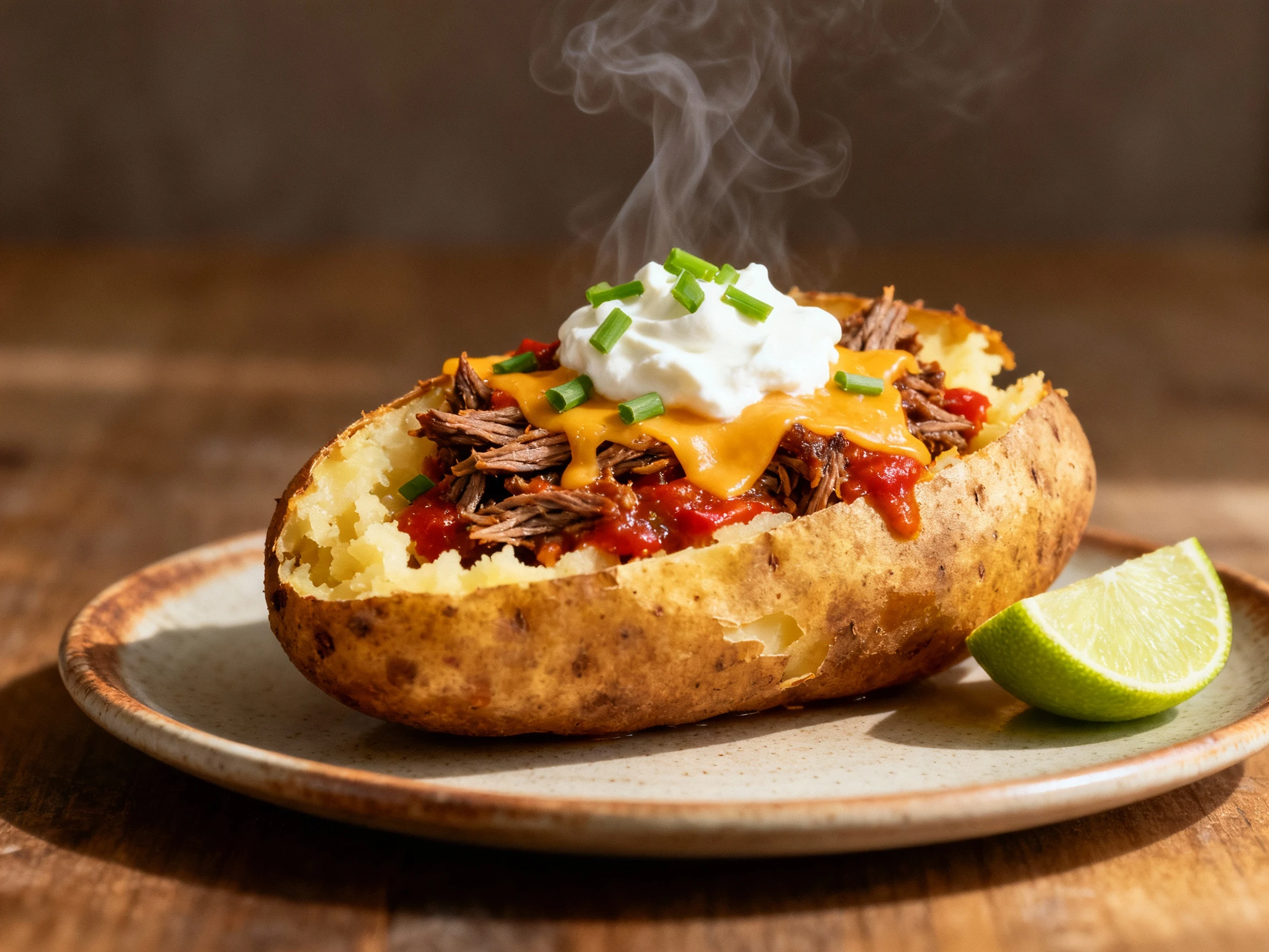 Food photography, Loaded baked potato split open and fluffed, topped with buttery shredded beef in a reduced tomato-chil
