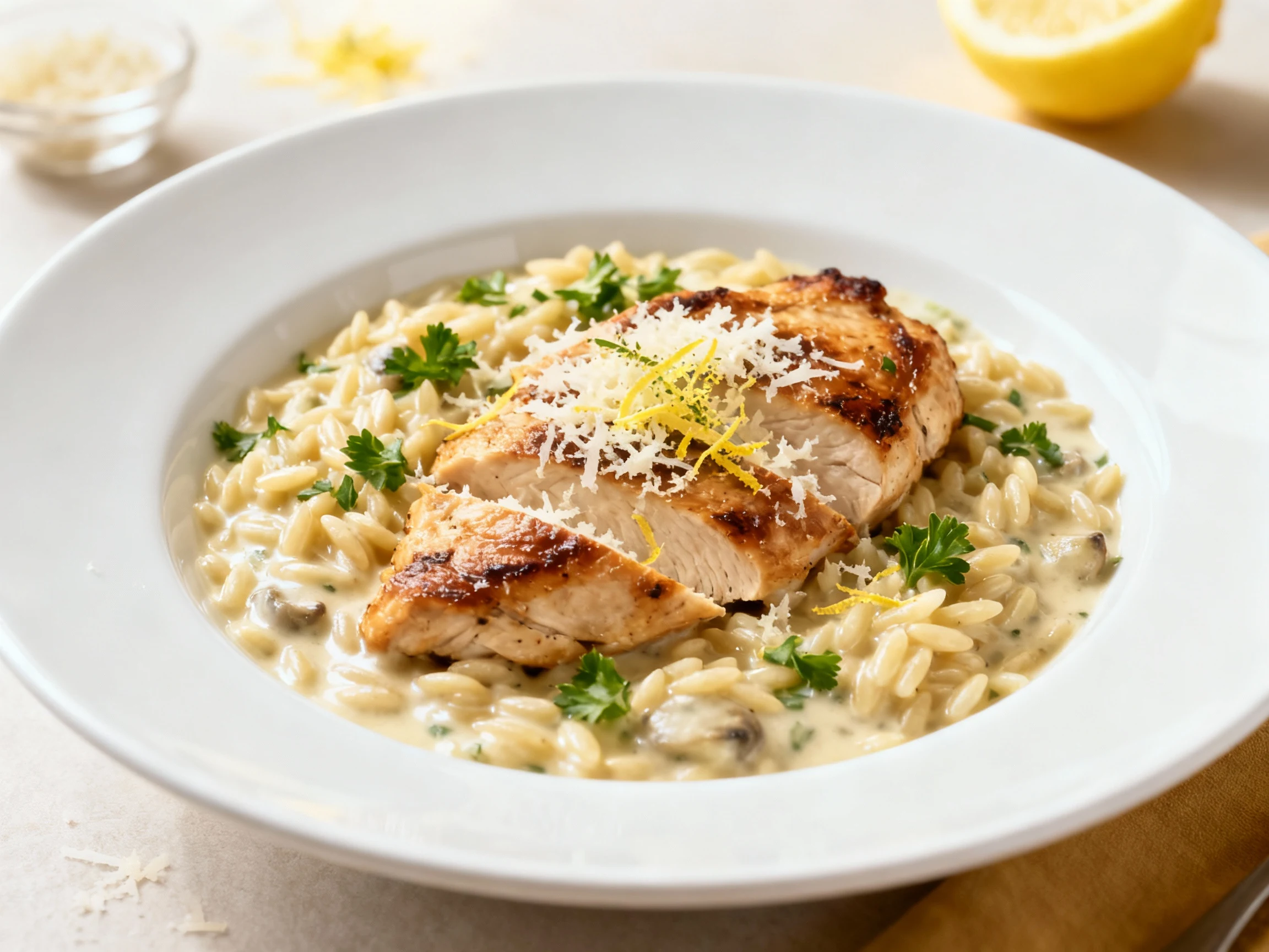 Food photography, Final dish: beautifully plated bowl of creamy lemon garlic chicken orzo with seared chicken, silky sau