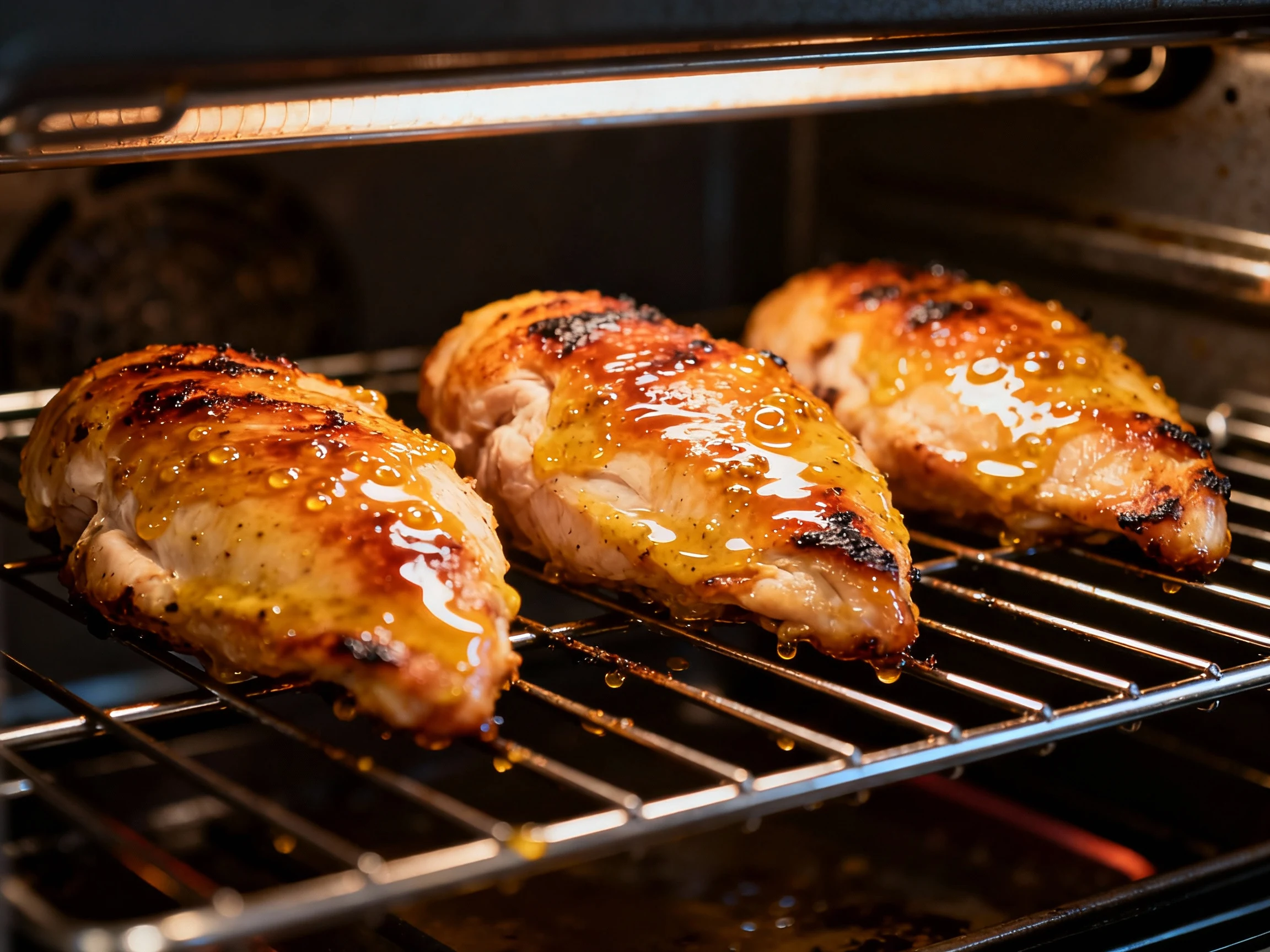 Food photography, Three-quarter process shot under the broiler: honey-mustard–glazed baked chicken breasts on a rack, la