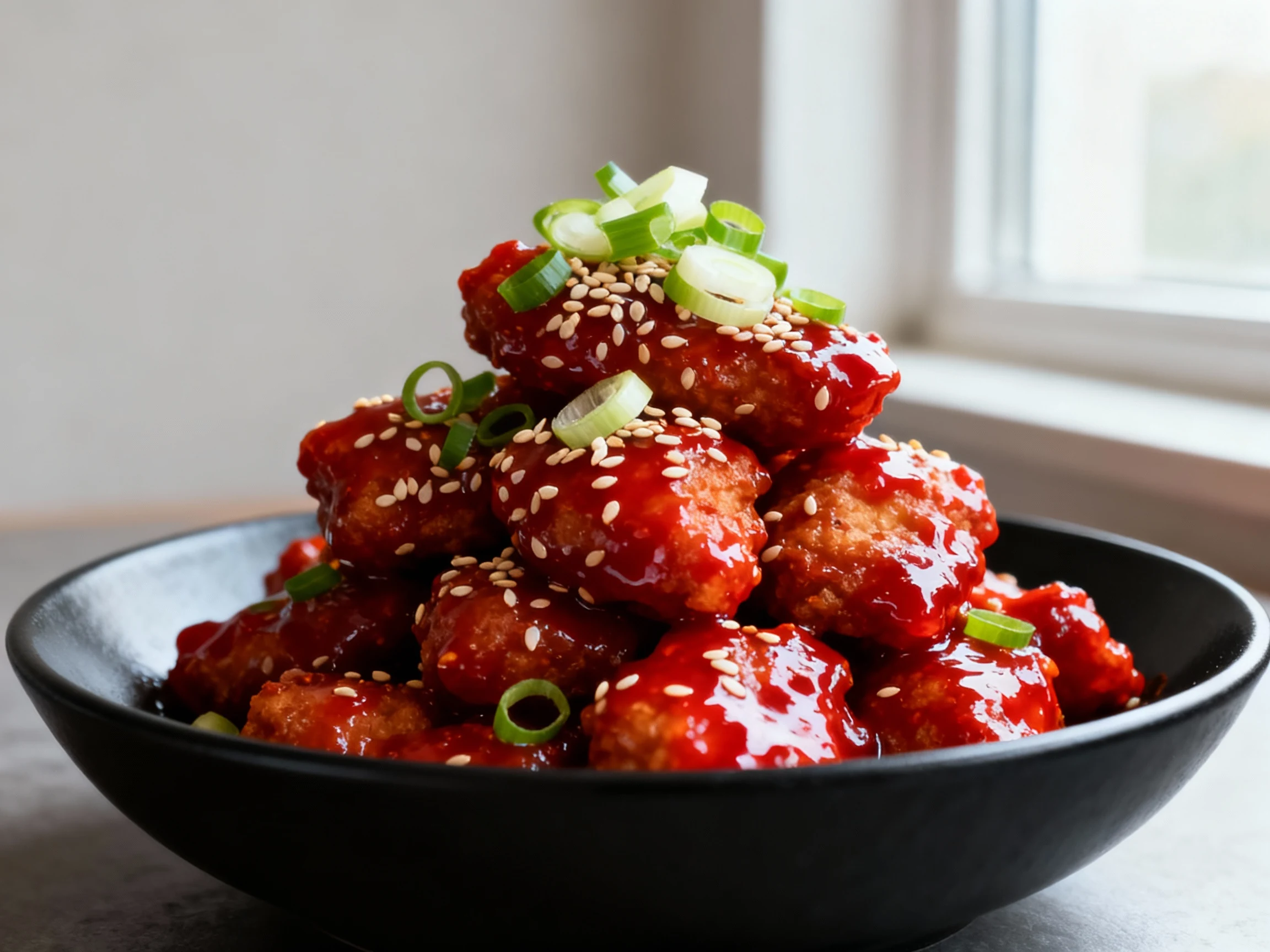 Food photography, 4. Three-quarter angle final dish: Korean-style nuggets glazed in glossy gochujang–honey–soy garlic sa