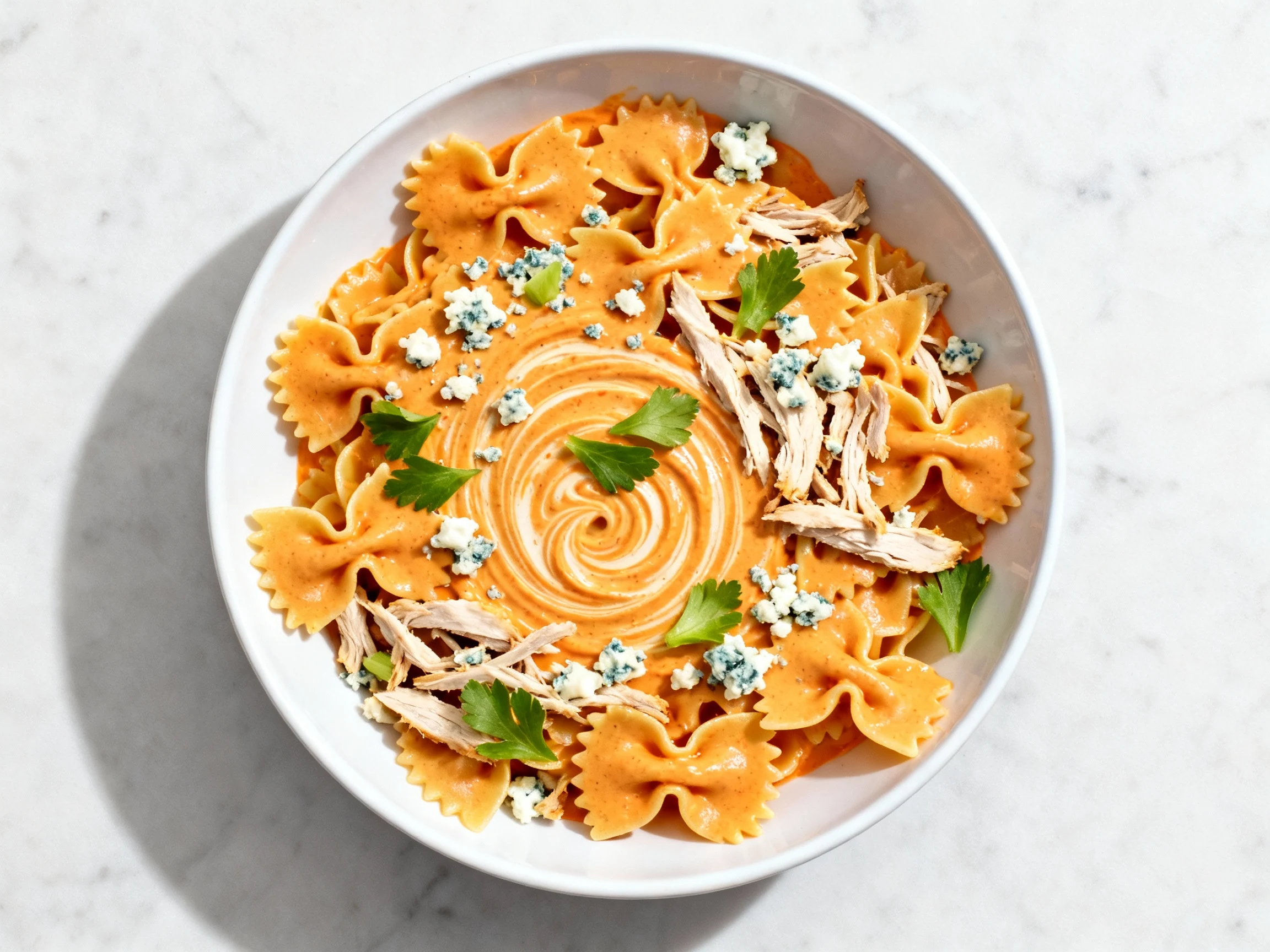 Food photography, Tasty top view: overhead shot of Buffalo Chicken Bowties—bowties coated in vivid orange buffalo‑cream 