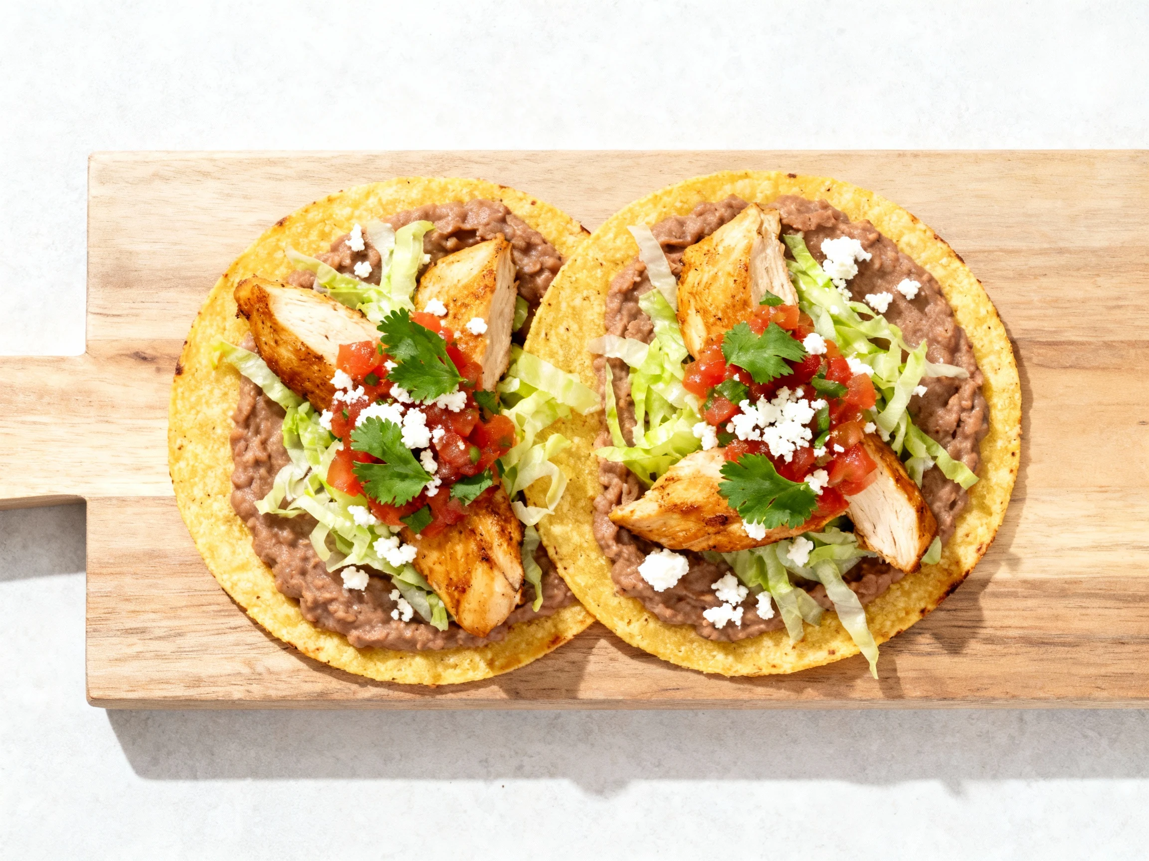 Food photography, Final plated tostadas: crisp baked corn tortillas spread with refried beans, topped with chicken, shre