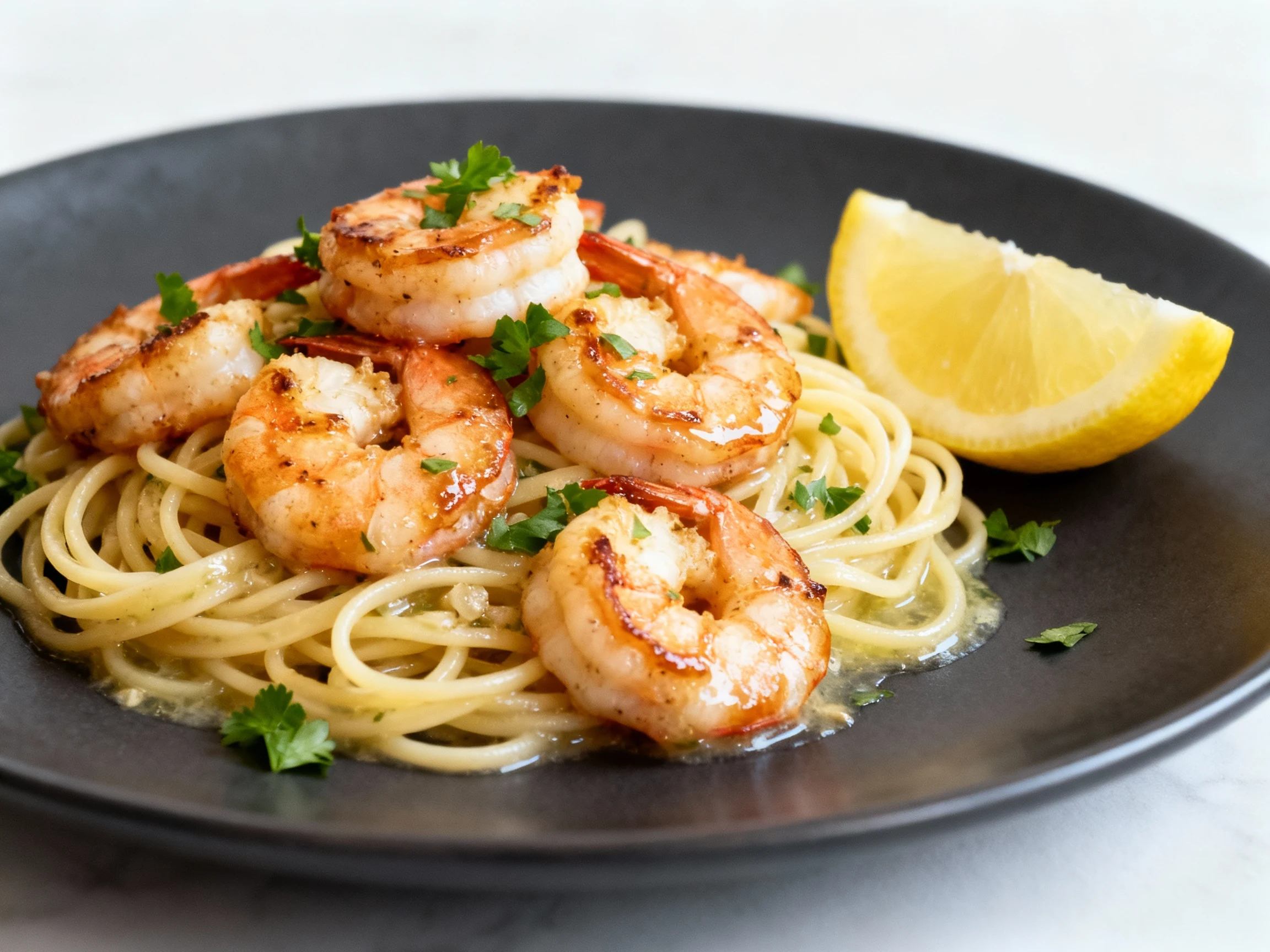 Food photography, Shrimp scampi angel hair final plate - seared shrimp over twirlable strands in garlic-butter white win