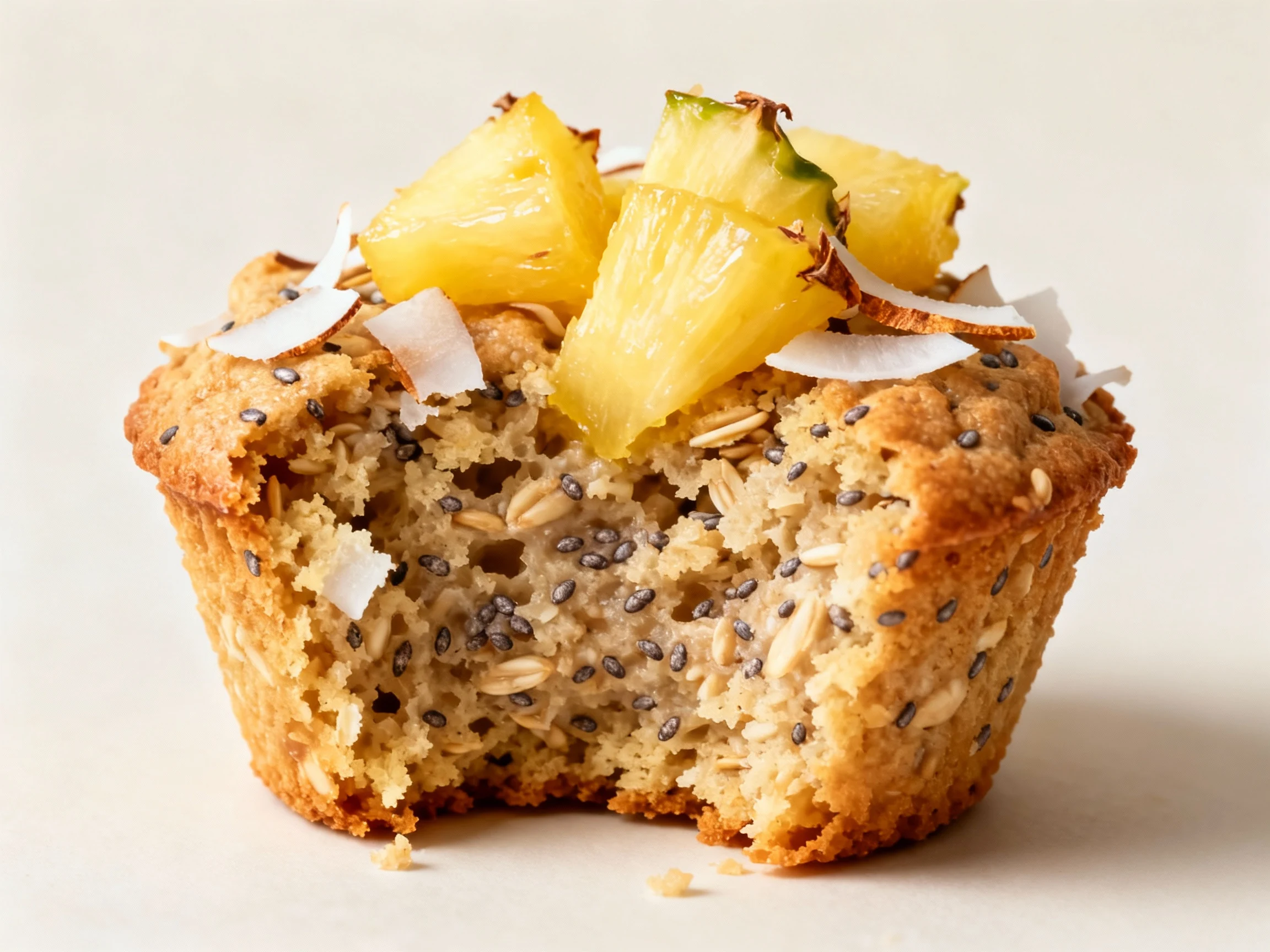 Food photography, Close-up of tropical coconut baked oatmeal cup torn open to show moist, tender crumb with chia seeds a