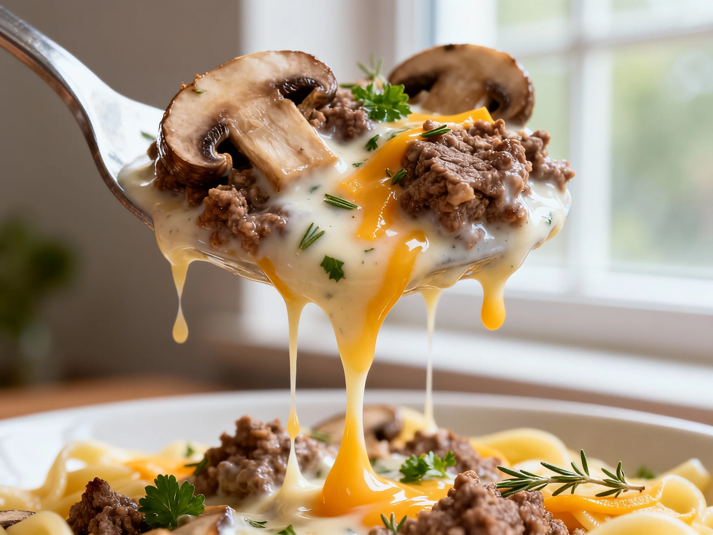 Food photography, Extreme texture close-up: juicy ground venison and mushrooms in a silky cream/yogurt sauce, optional c