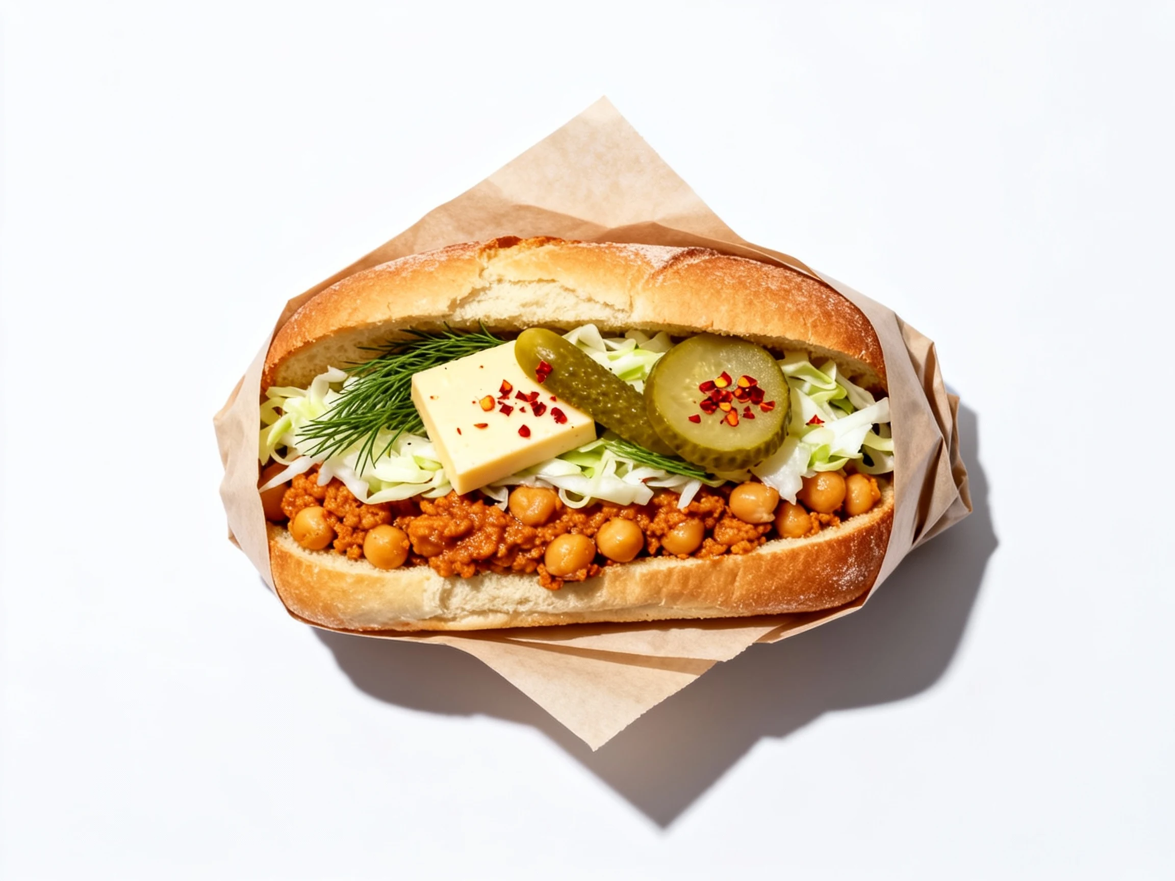 Food photography, Overhead shot of BBQ Chickpea Slaw roll: toasted roll opened to show saucy smashed chickpeas, cabbage 
