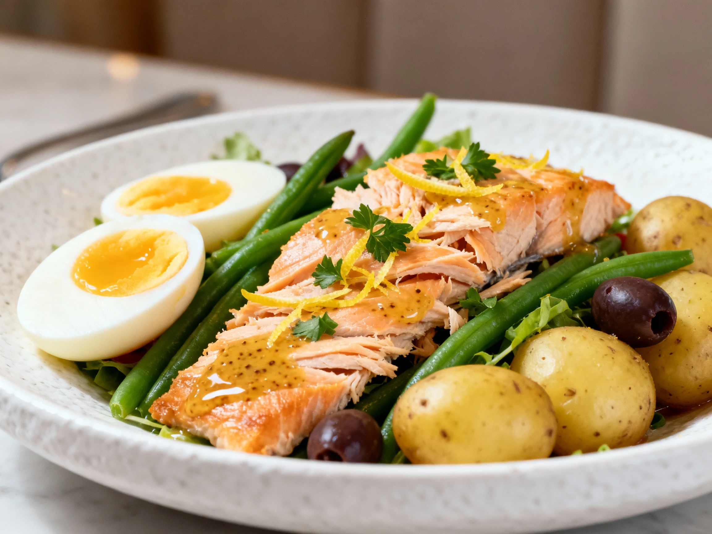 Food photography, 4. Beautifully plated Niçoise-style salmon salad: soft-boiled eggs, blanched green beans, baby potatoe