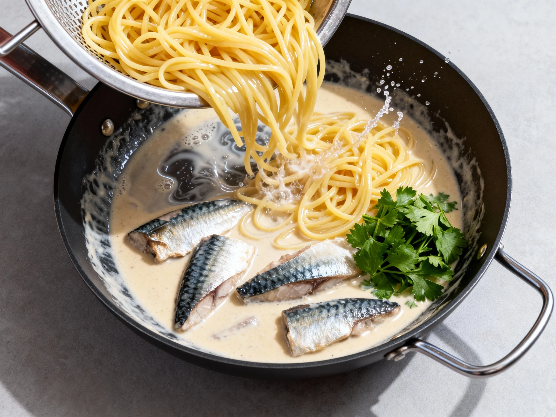 Food photography, 4. Cooking process overhead: drained pasta in the skillet being tossed into the glossy sardine sauce—s