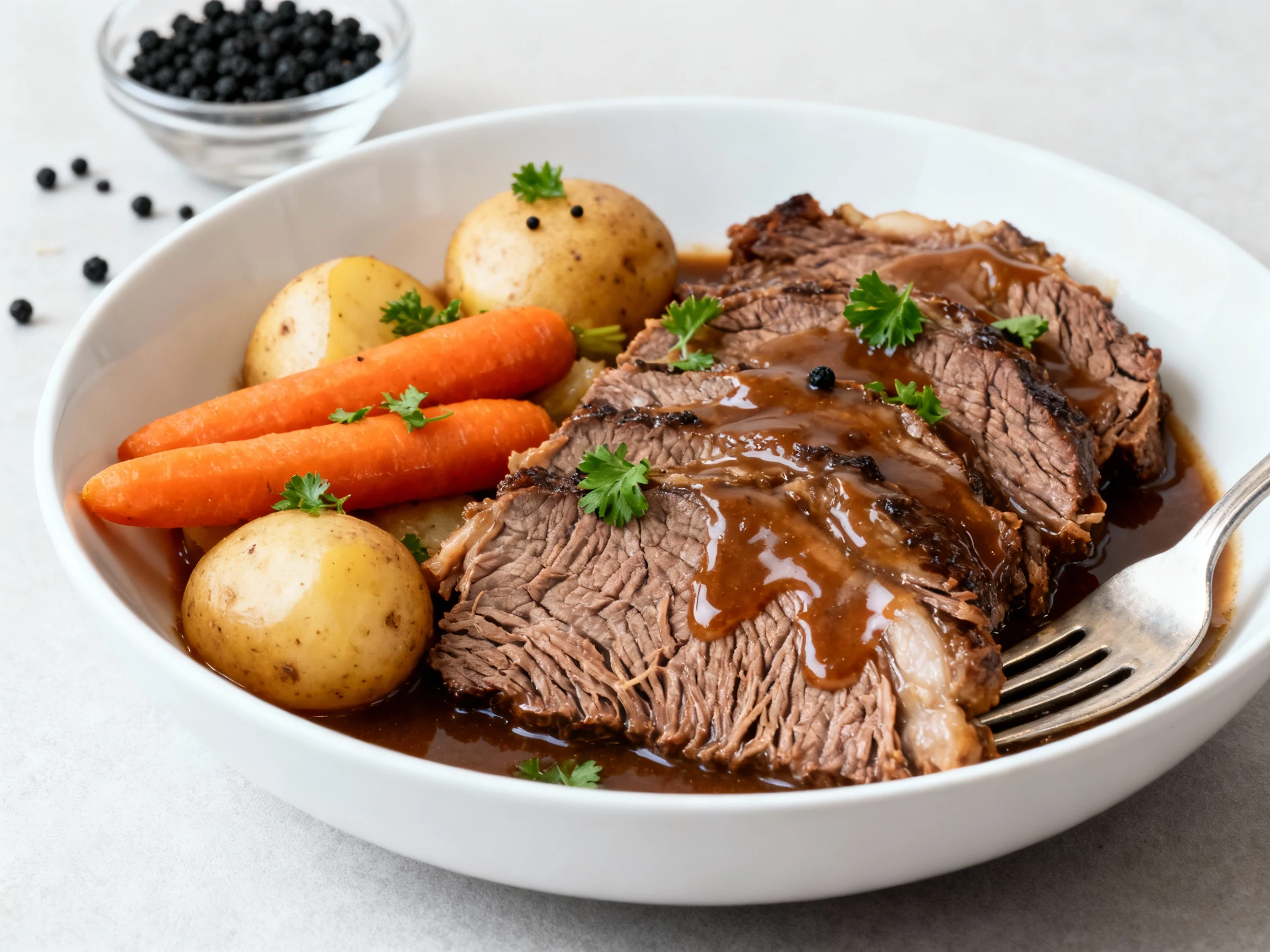 Food photography, Restaurant-style plating: pot roast slices in a shallow white bowl with pooled glossy gravy, carrots a