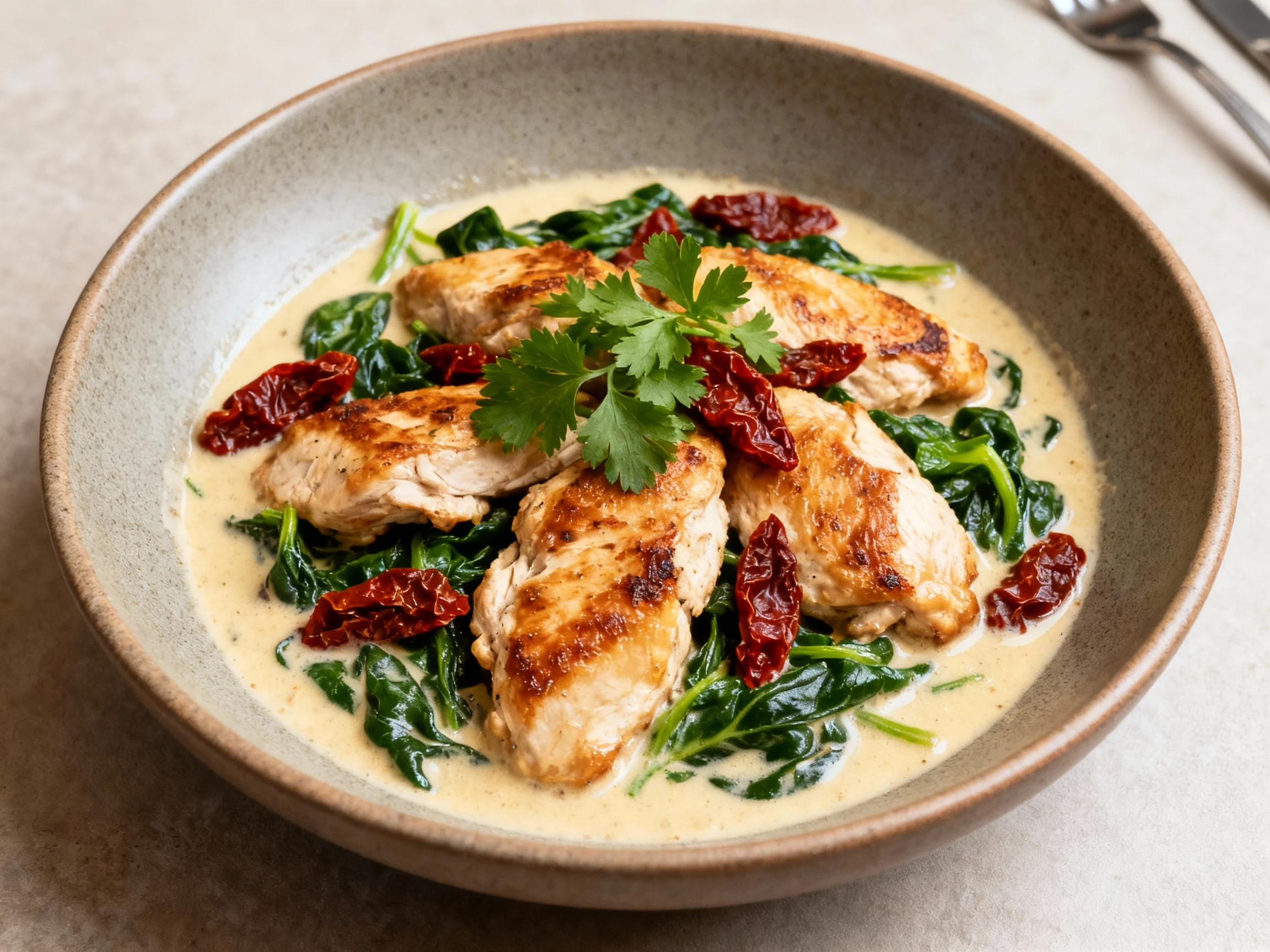 Food photography, Beautifully plated Tuscan cream chicken: seared pieces nestled in creamy sauce with sun-dried tomatoes