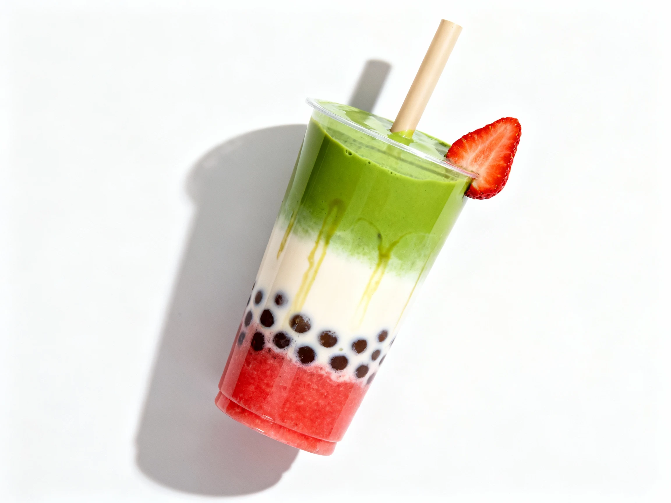 Food photography, Overhead shot of layered Strawberry Matcha Split boba: pearls and strawberry puree base, silky milk mi