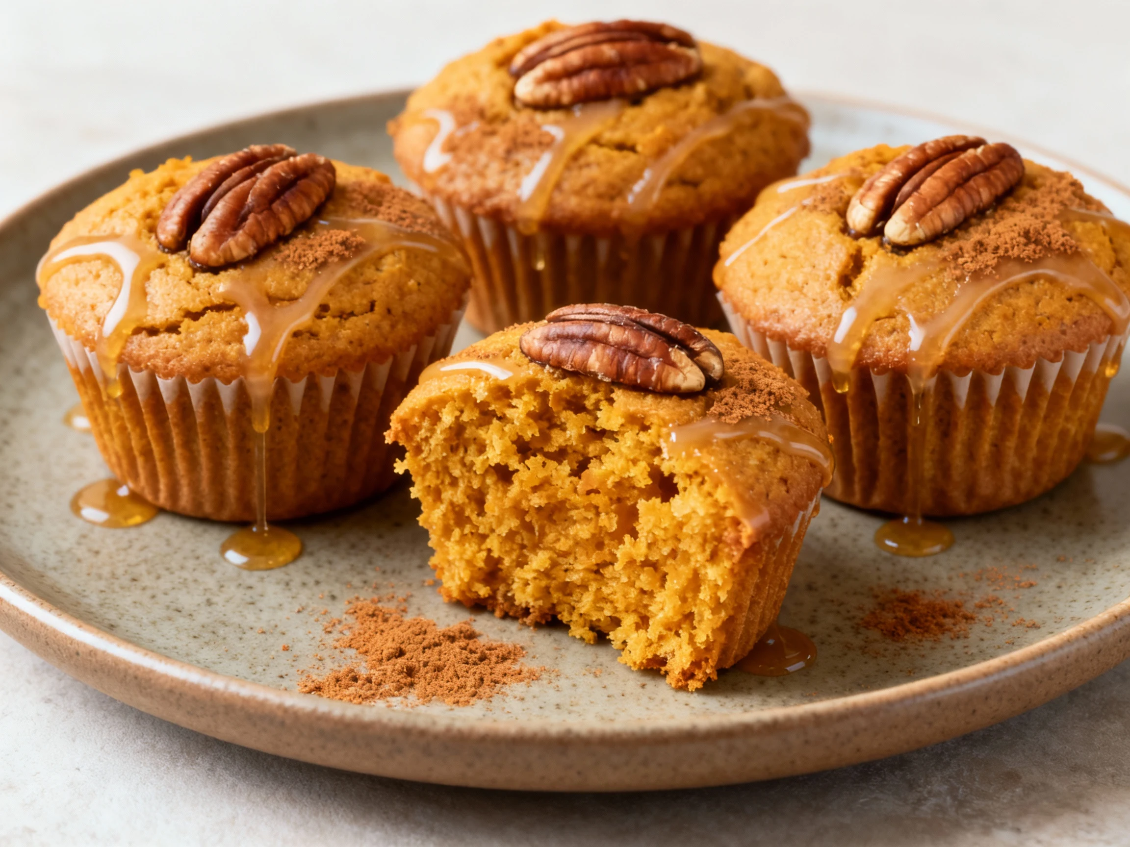 Food photography, 4. Beautifully plated pumpkin maple muffins on a matte ceramic plate, pecan halves pressed into tops, 