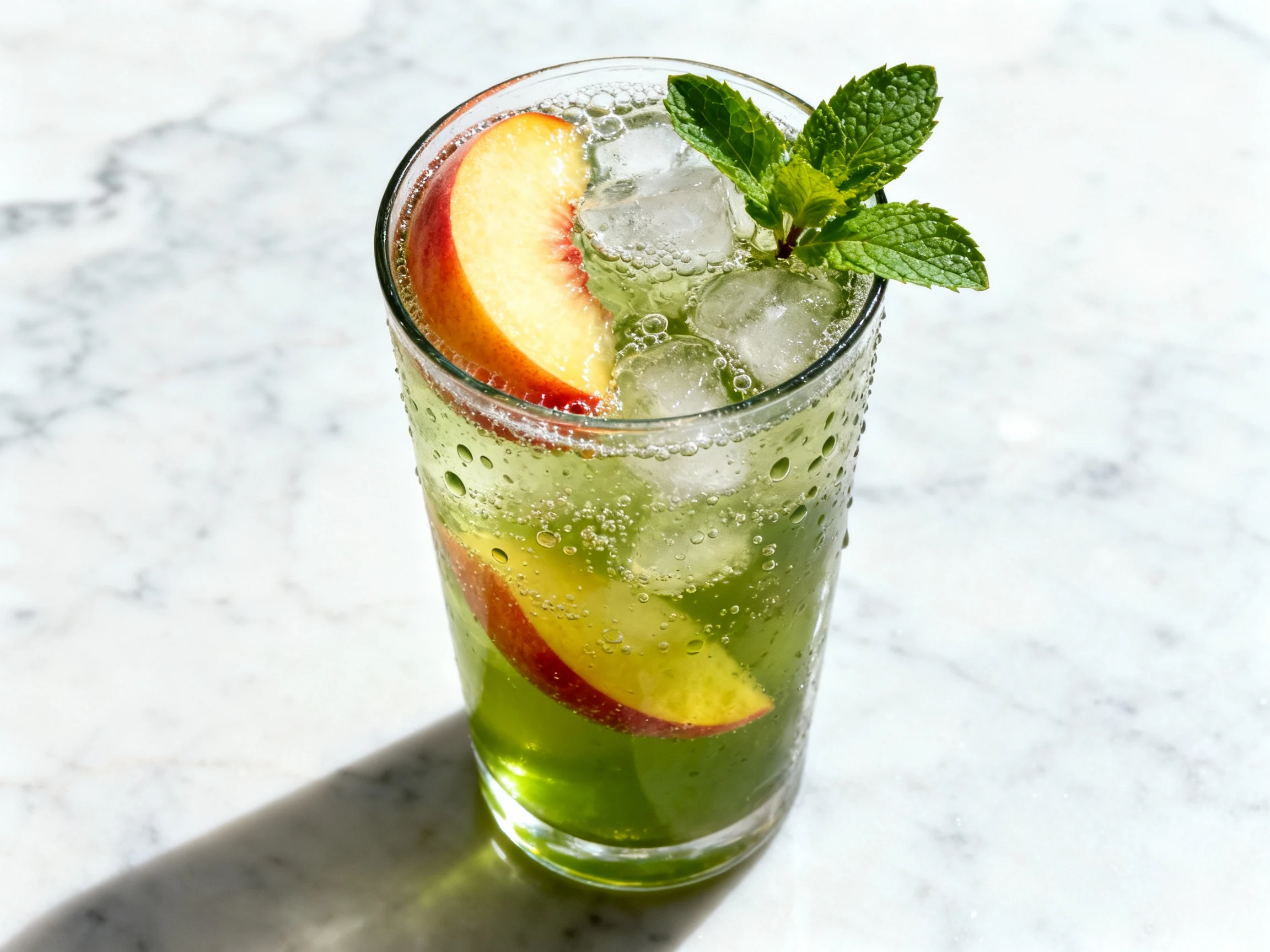 Food photography, Overhead shot of Summer Chill Peach Iced Green Spritz: highball packed with ice, double-strength green
