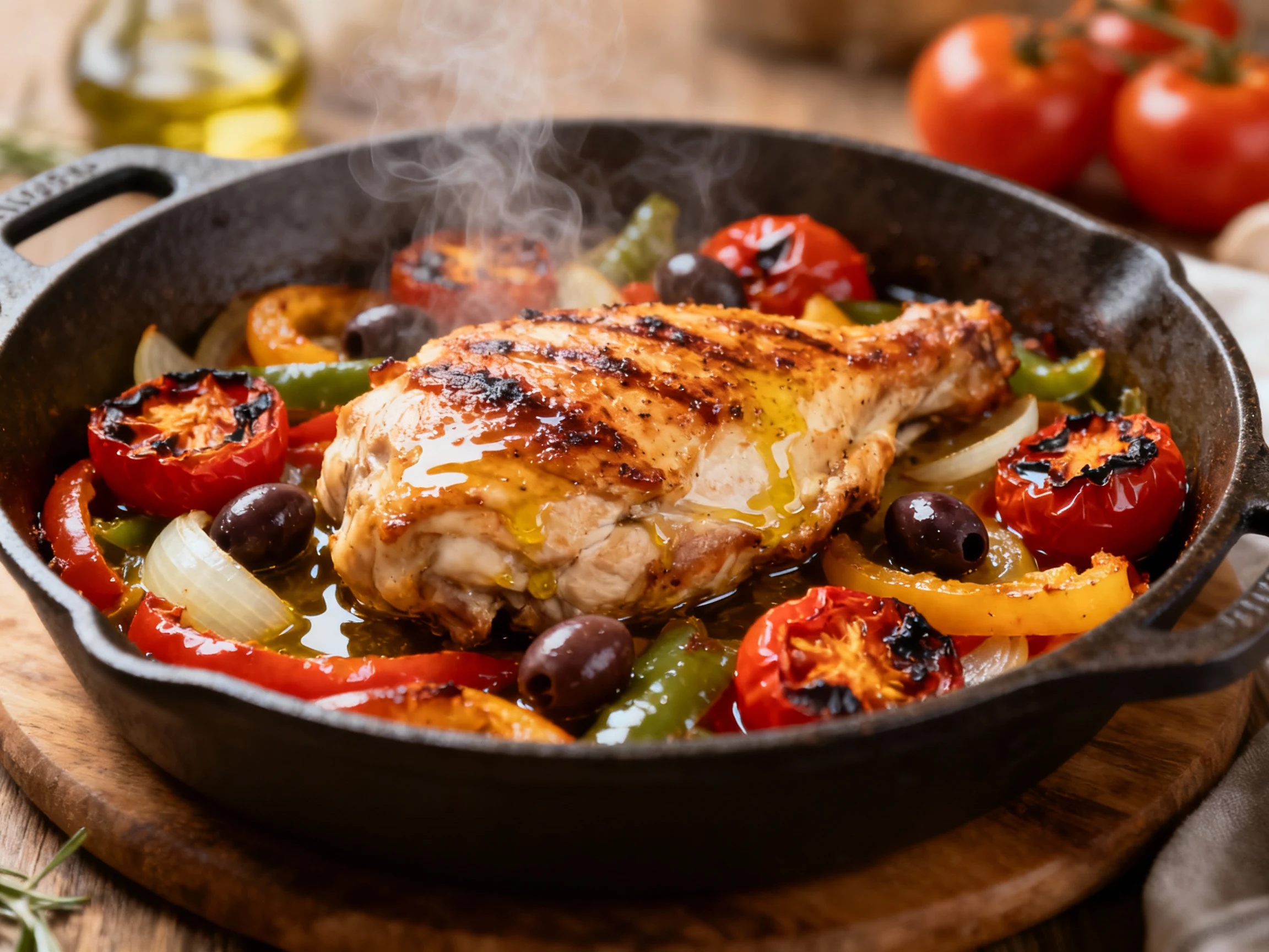 Food photography, Cooking process: seared chicken with sautéed peppers, onions, and tomatoes in an oven-safe skillet; ca