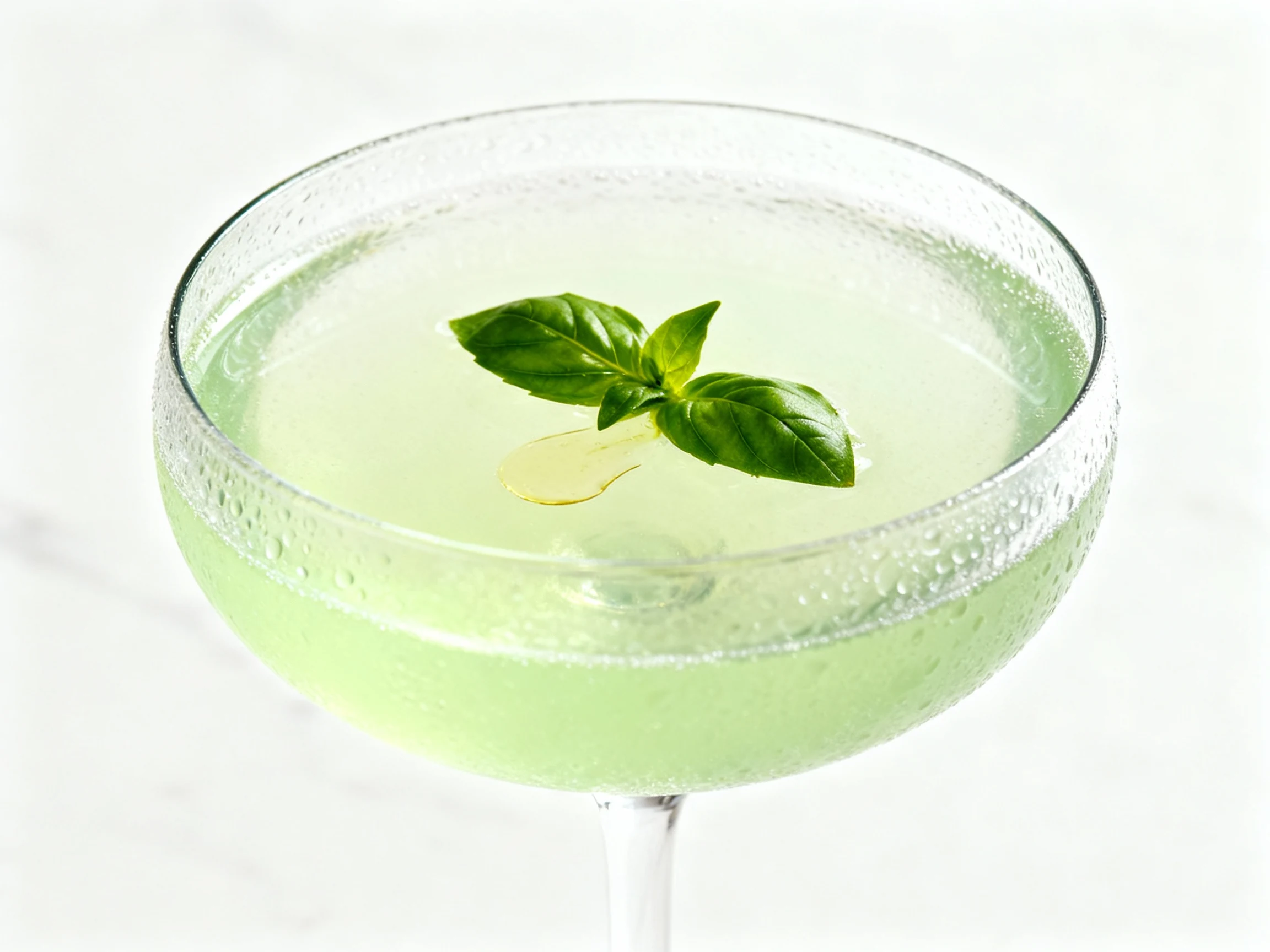Food photography, Final dish close-up: Cucumber Basil Gimlet fine-strained into a chilled coupe—pale green, impeccably c