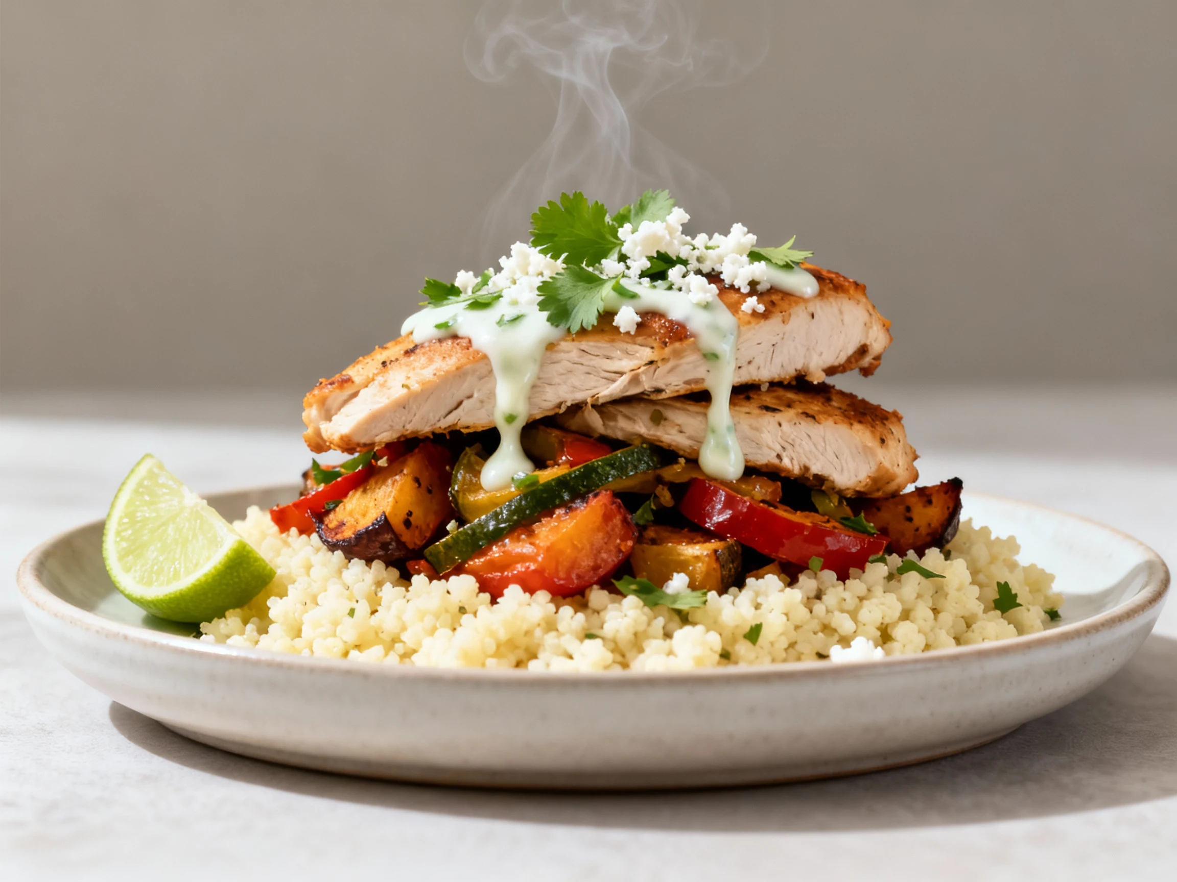 Food photography, 4. Final dish, 3/4 angle: Restaurant-quality plating—cauliflower rice base, chicken stacked for height