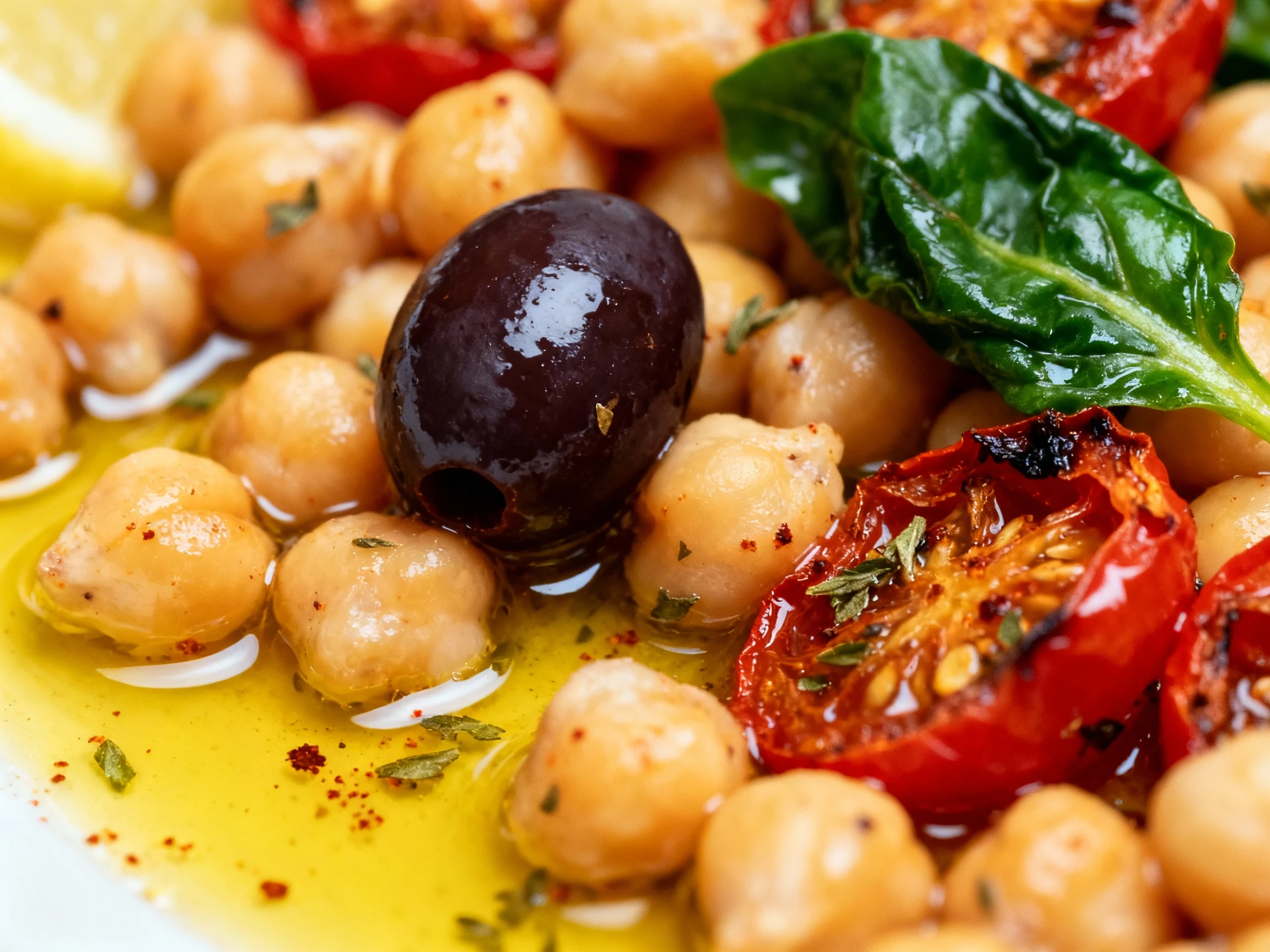 Food photography, Close-up detail of chickpeas and blistered cherry tomatoes bathed in lemony pan sauce, a Kalamata oliv