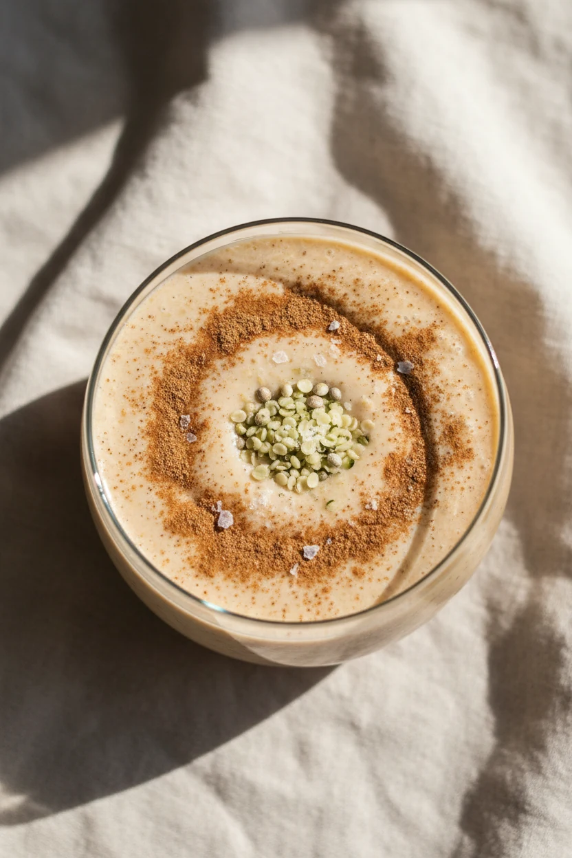 Tasty top view of Apple Pie Oats smoothie, warm beige tone with visible oat flecks, cinnamon and nutmeg dusted in a loos