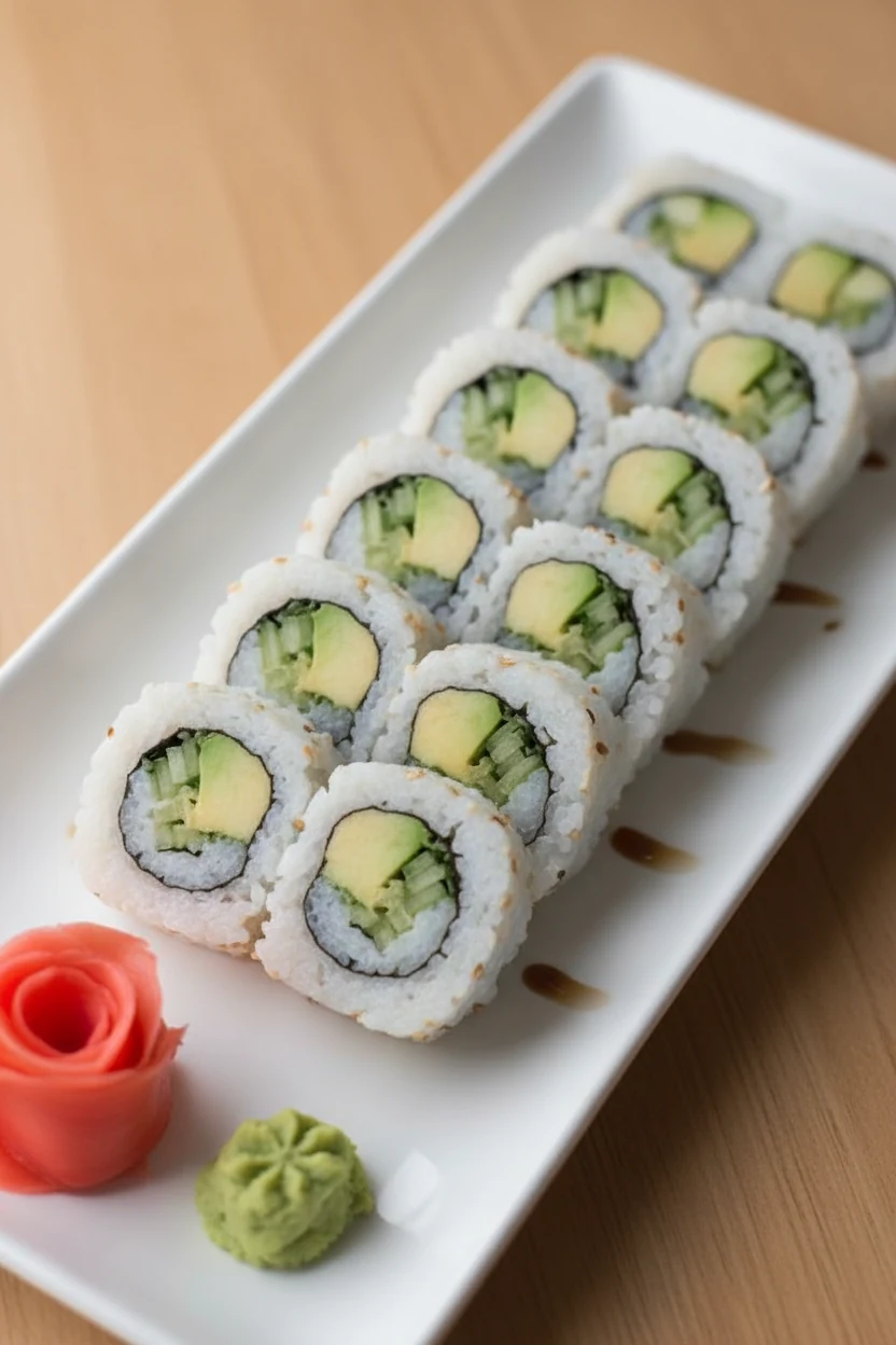 Restaurant-style plating of inside-out California rolls on a long white platter: sesame-coated exterior, neat avocado an