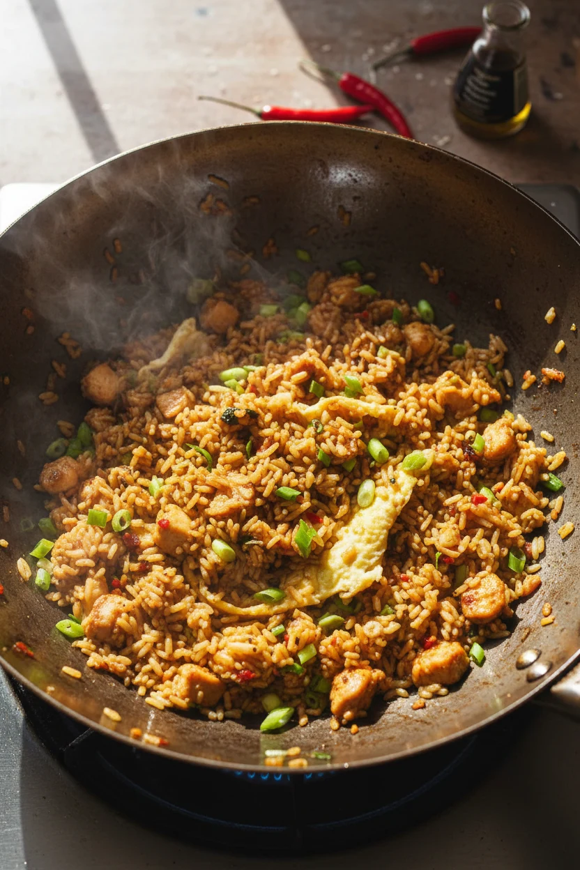 Stir-frying spicy chicken fried rice in a carbon-steel wok: day-old rice and revived chicken crisping with soy sauce and