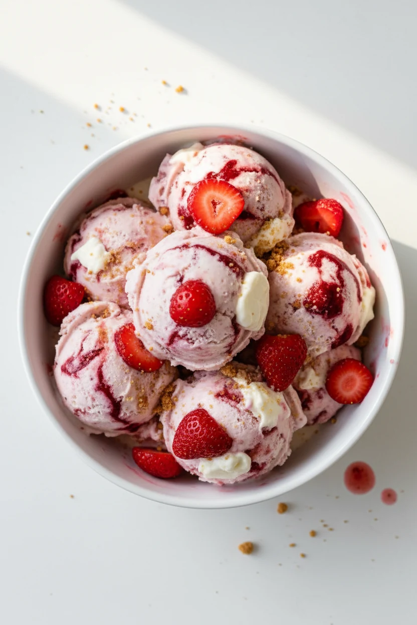 Overhead shot of Strawberry Cheesecake ice cream: creamy base rippled with vivid macerated berry swirls, graham cracker