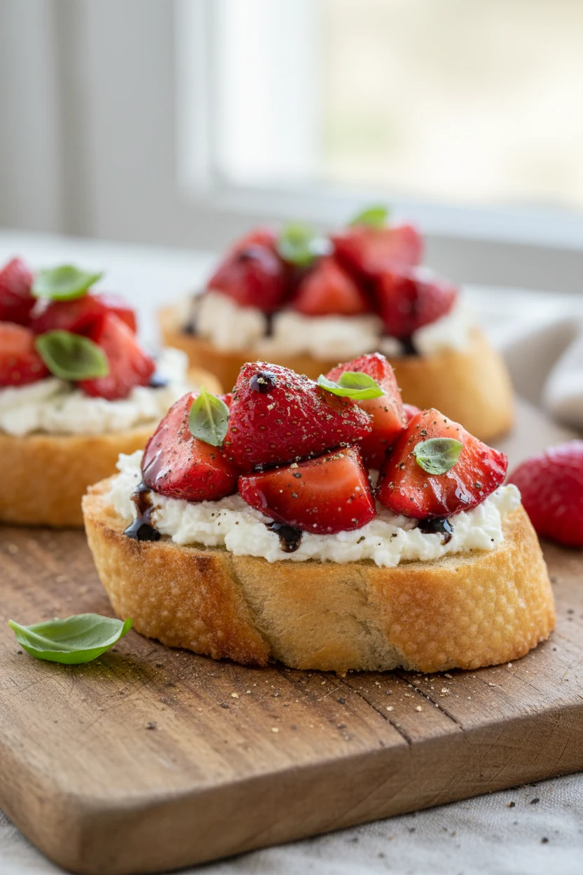 Close-up bruschetta: toasted baguette with a smear of goat cheese, spoonfuls of roasted strawberries, balsamic glaze she