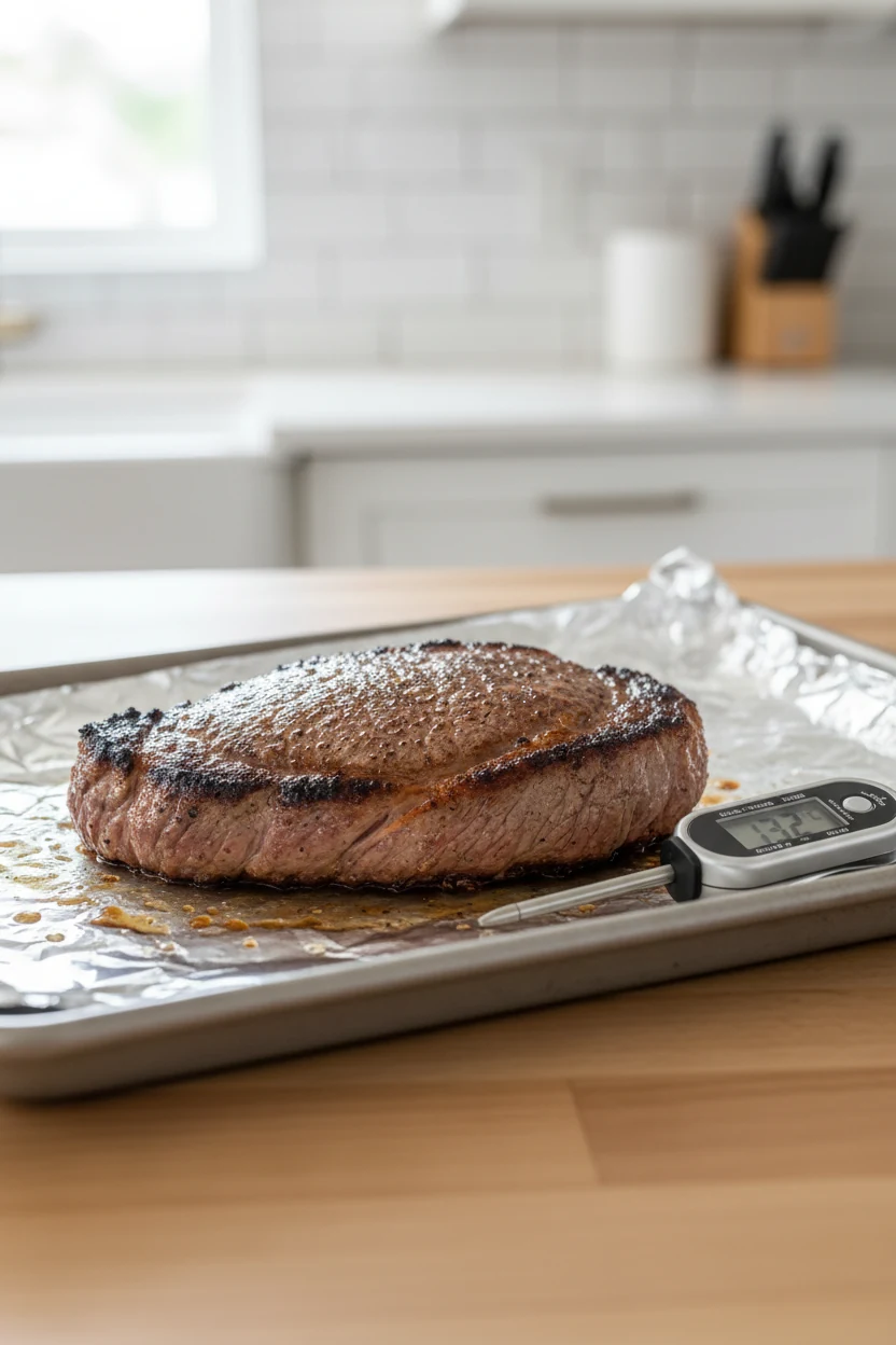 Broiler alternative: broiled flank steak on a foil-lined sheet pan just out of the oven, blistered edges and even char, 