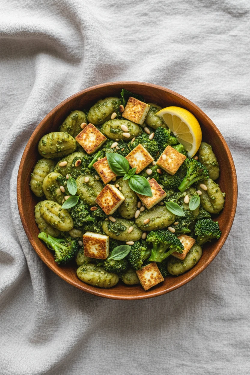 Tasty top view — Green Goodness Vegan: overhead bowl of vegan kale pesto–coated gnocchi with golden-edged tofu cubes, br