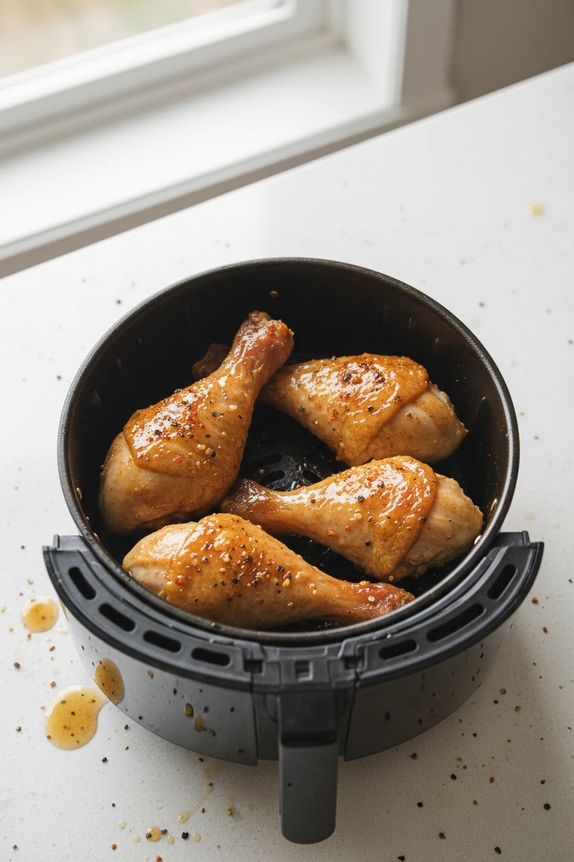 Air fryer option: overhead view of an air fryer basket filled with four golden, crispy legs, glaze brushed on in the las