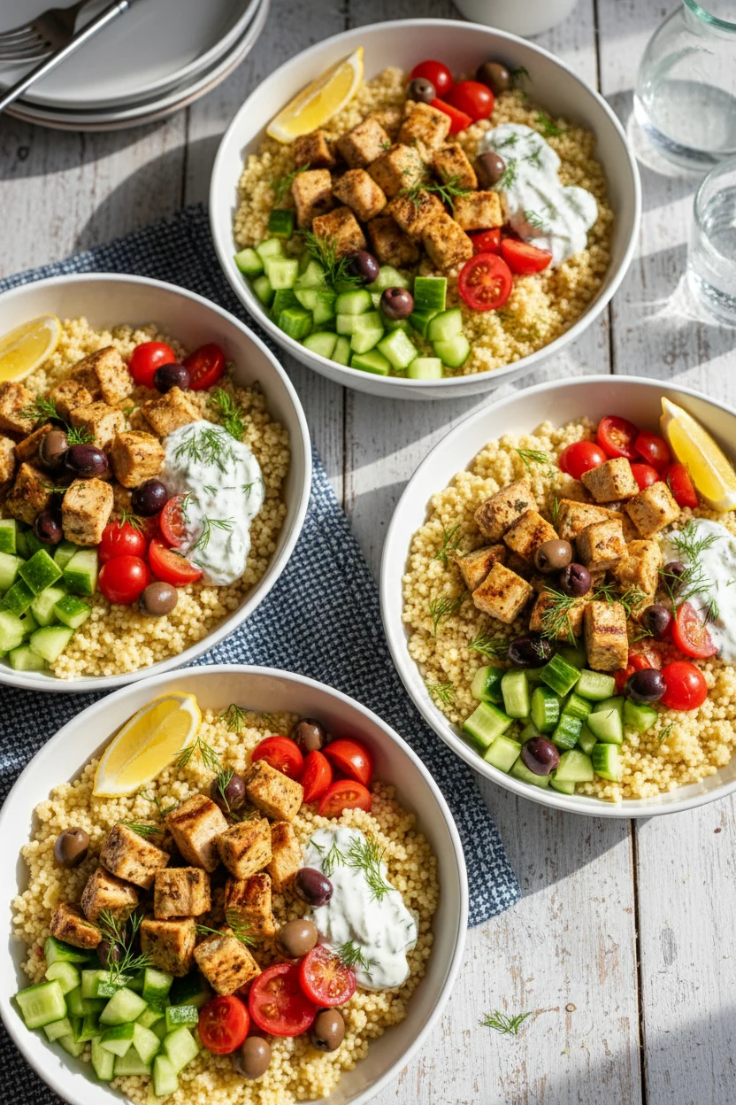 Overhead Mediterranean bowls: lemon-oregano chicken over couscous with cucumber, tomato, Kalamata olives, tzatziki swoos