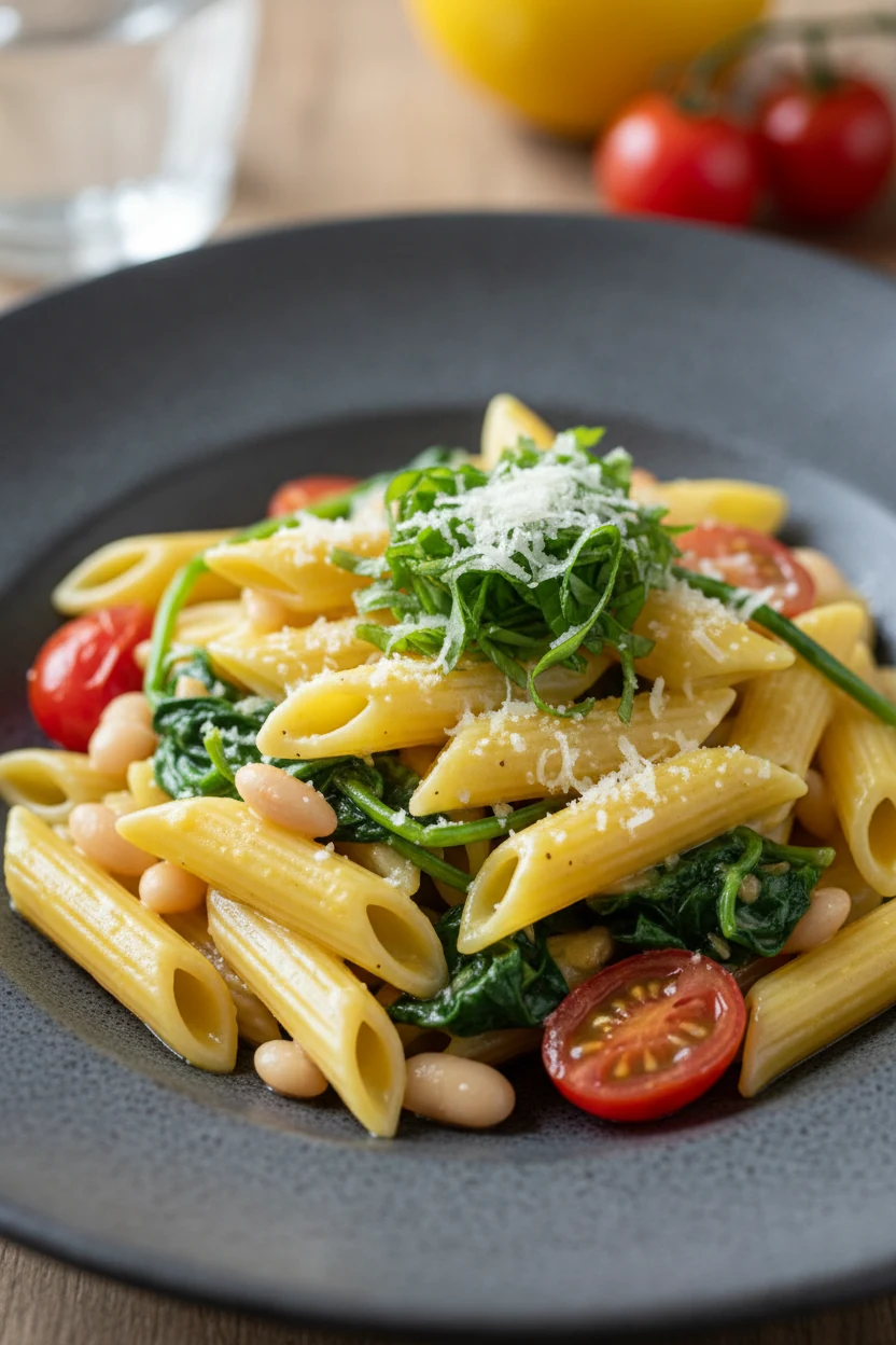 Restaurant-style plating: velvety lemon-bright sauce clinging to penne on matte stoneware, emerald spinach threads and r