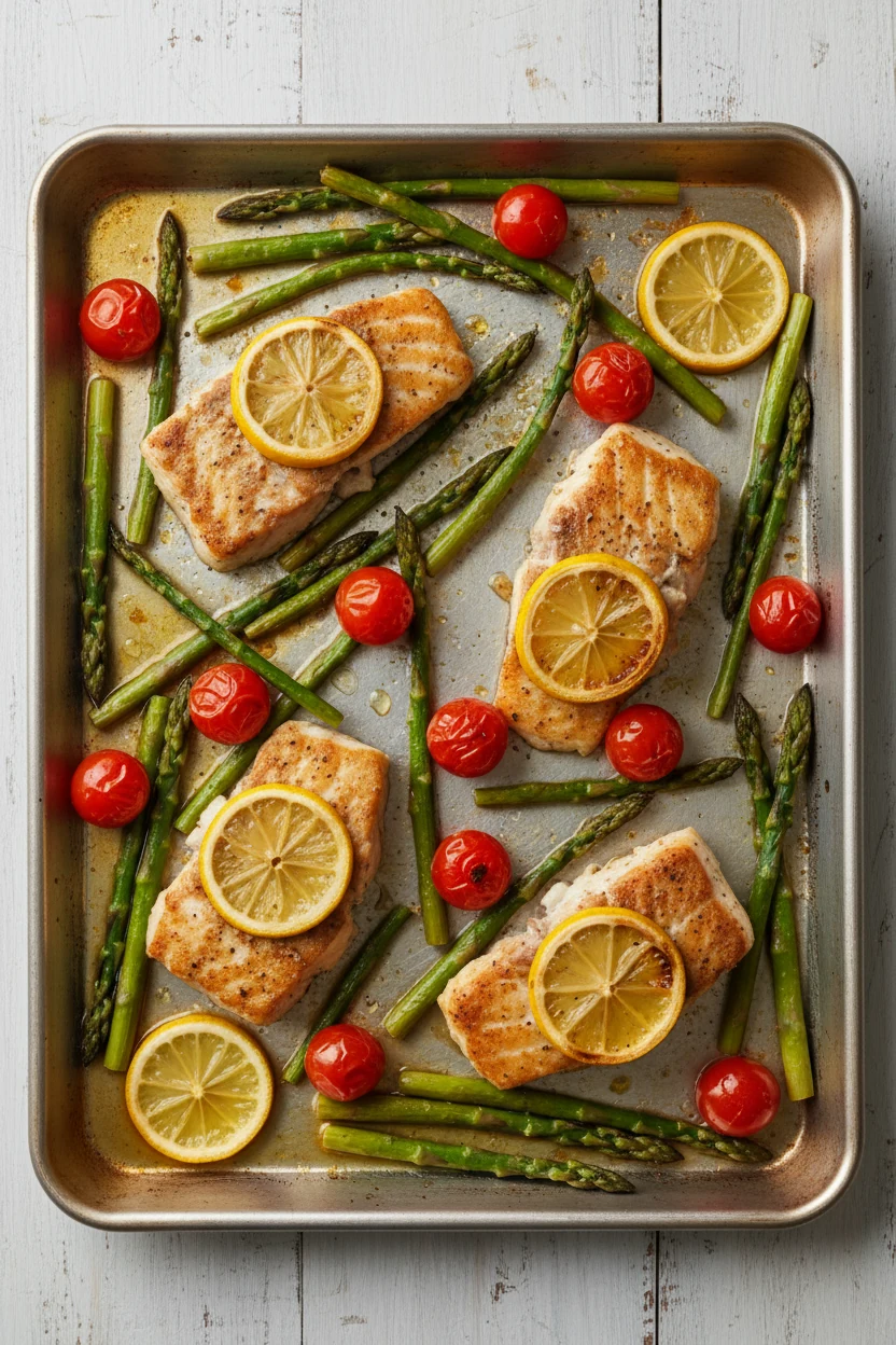 5. Sheet-pan simplicity: overhead of roasted mahi mahi with asparagus, cherry tomatoes, and lemon slices; burnished edge