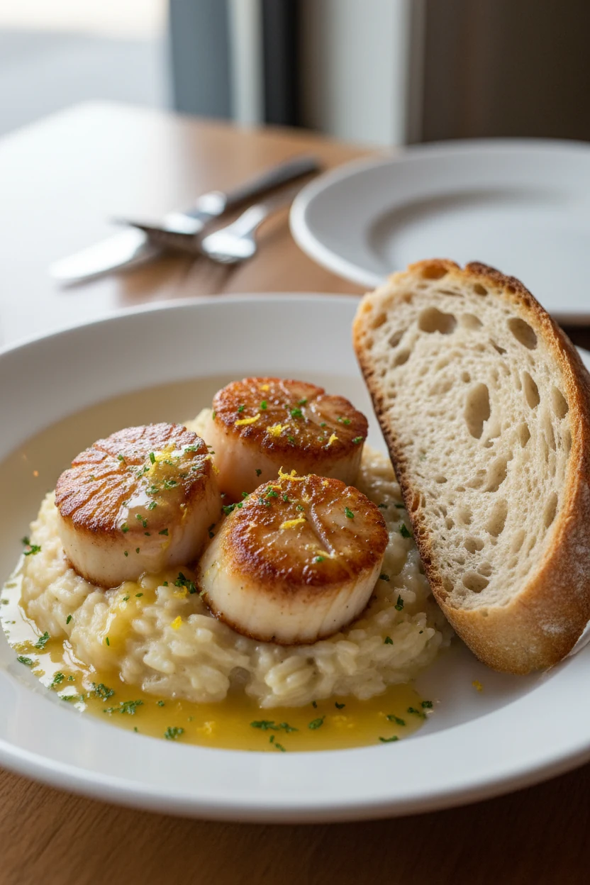 Restaurant plating: seared scallops atop creamy parmesan risotto, spooned lemon-butter sauce, parsley and lemon zest gar